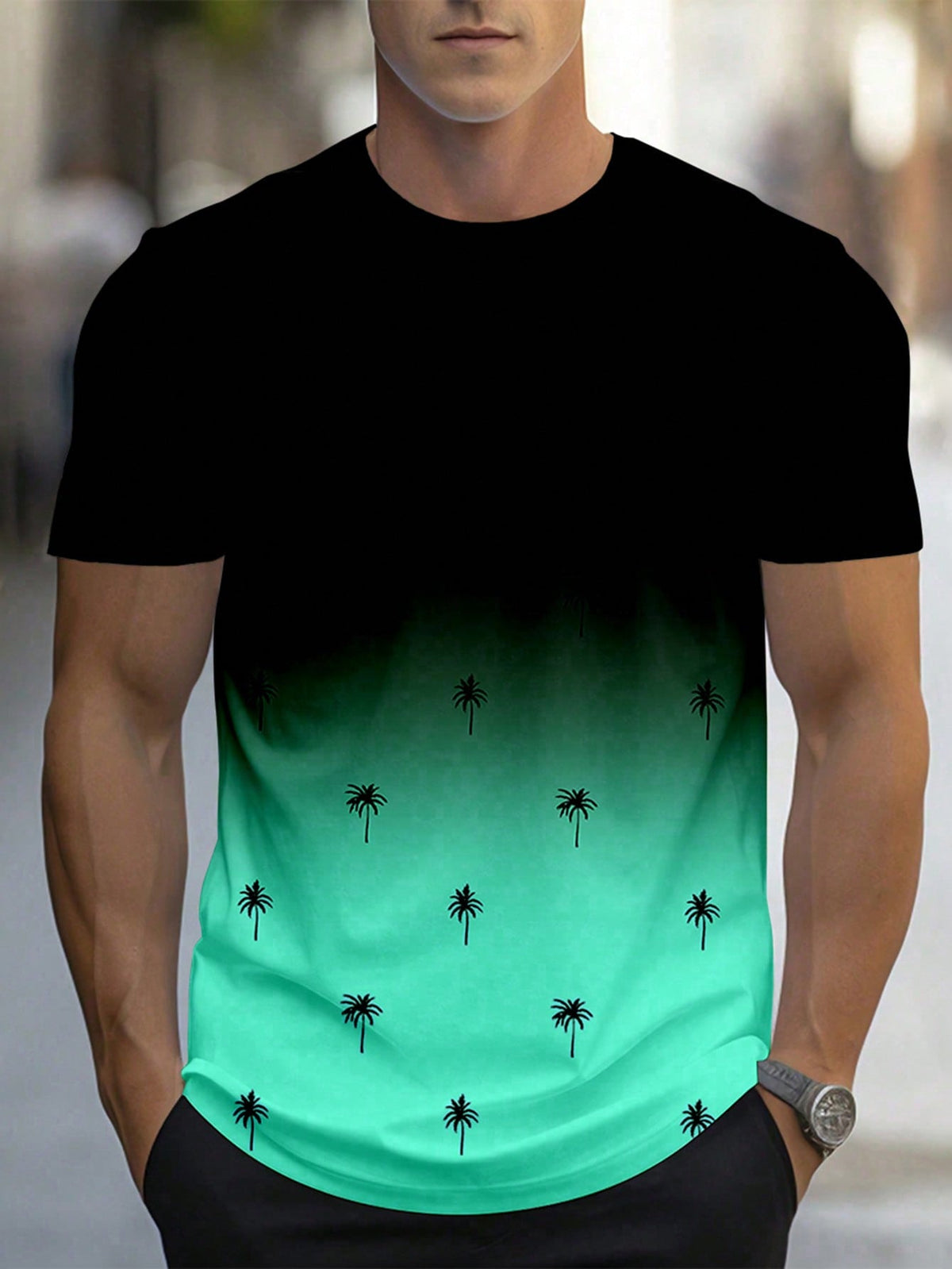 Manfinity Homme Men's Summer Palm Tree Printed Round Neck Short Sleeve Casual T-Shirt