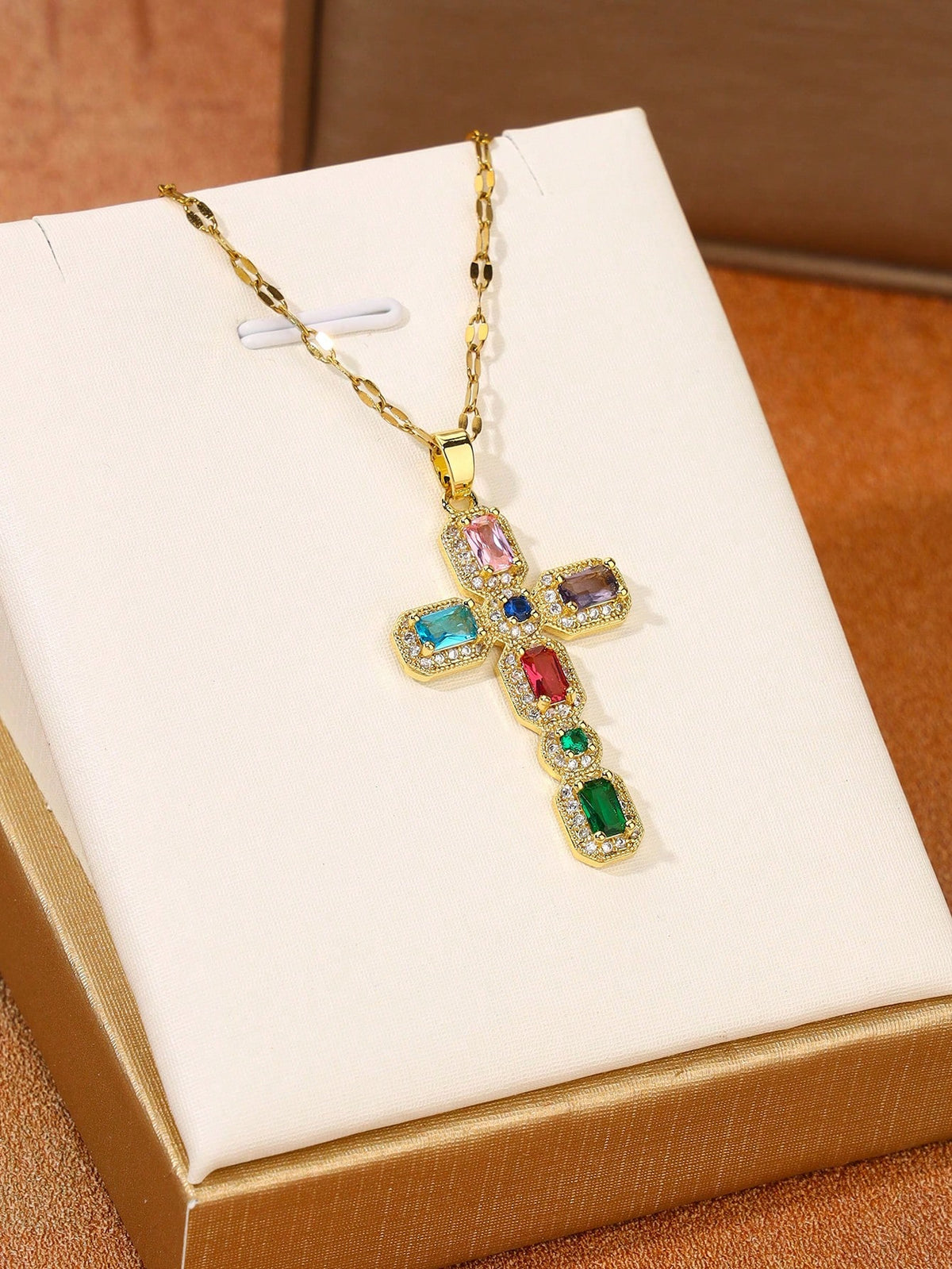 1pc Copper Cross Pendant Embedded With Multicolored Cubic Zirconia, Accompanied By Lip Chain Necklace Made Of Titanium Steel, Jewelry Present