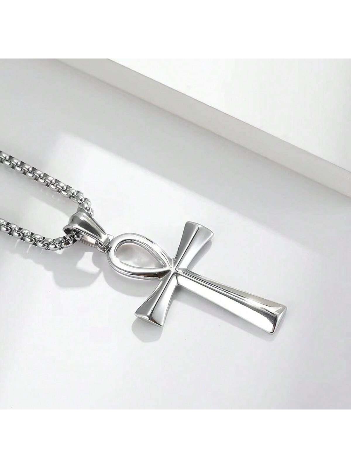 1pc Stylish Polished Stainless Steel Egypt Cross Amulet Pendant For Men And Women Daily Wearing