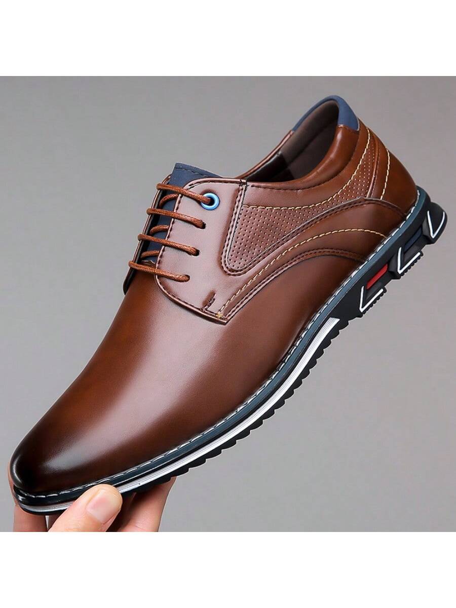 Men's PLUS SIZE PU Leather Solid Casual Shoes, Wear-Resistant Non Slip Lace-Up Dress Shoes, Men's Office Daily Footwear