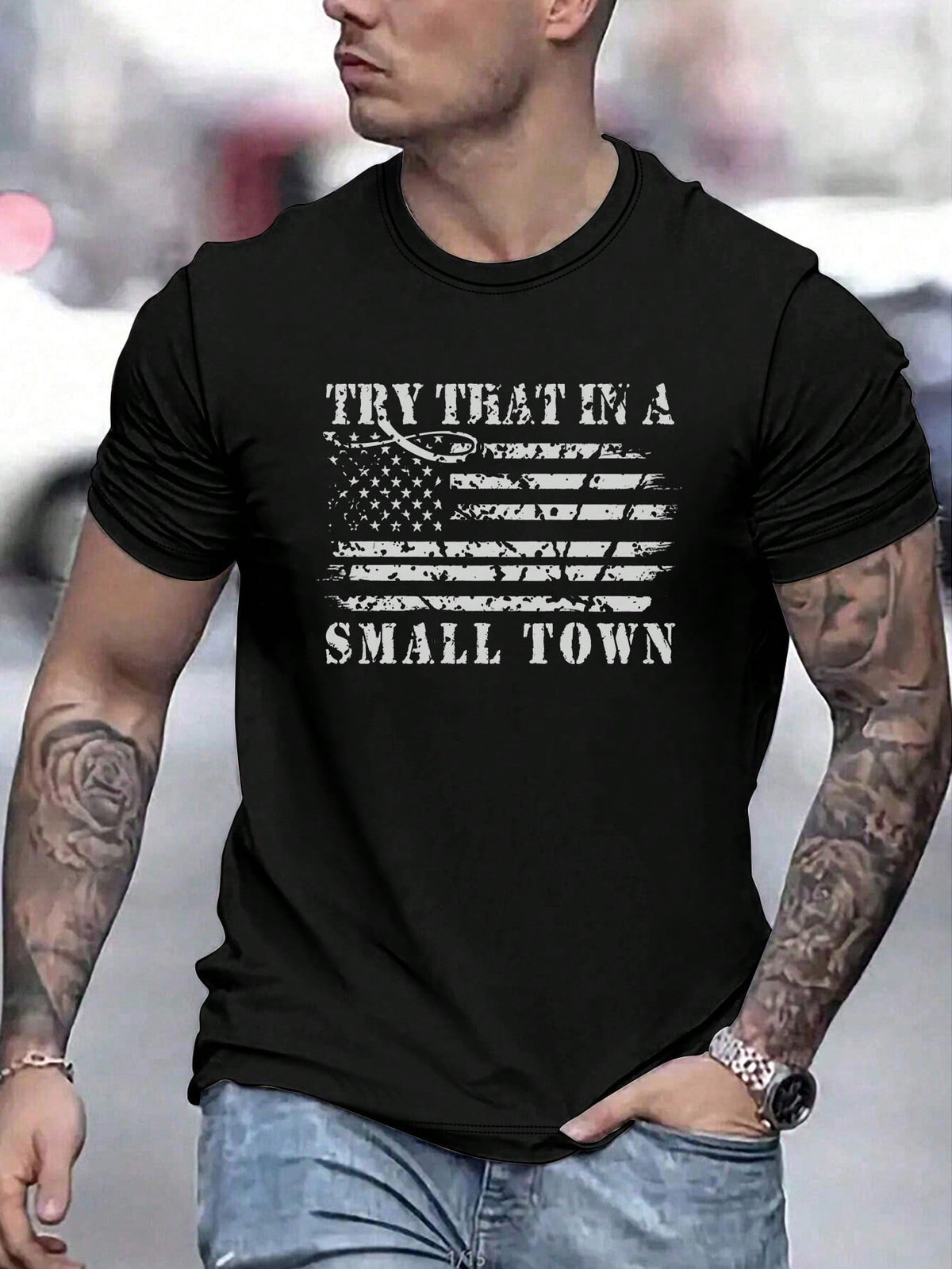 Men's American Flag And Slogan Printed Short Sleeve T-Shirt