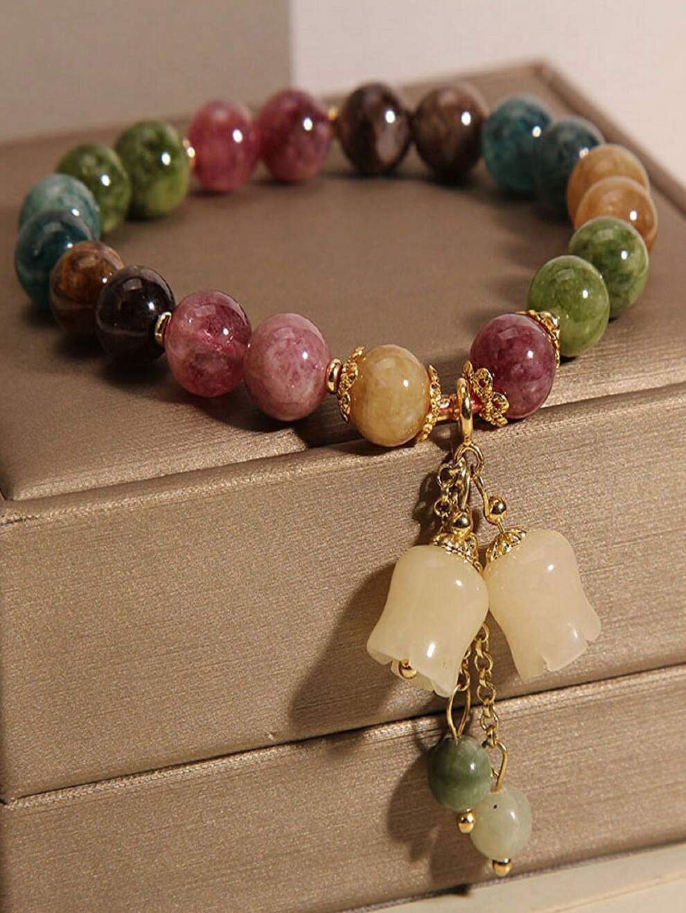 1pc Natural Multi-Colored Aquamarine Stone Bracelet With Bellflower Pendant For Women, Gift For Girlfriend Or Bestie