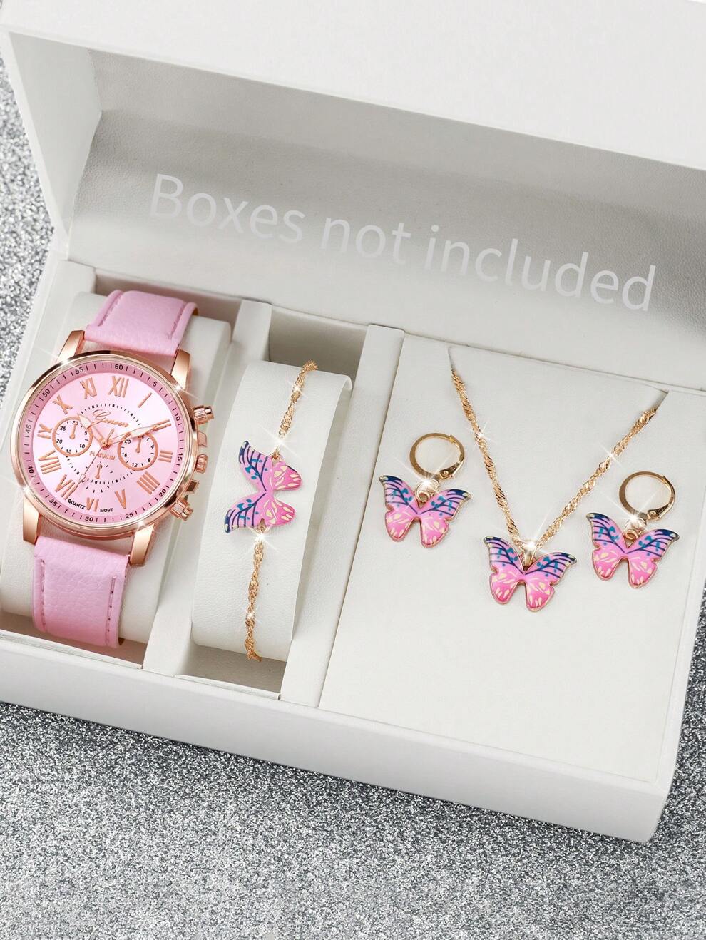 Ladies' Leather Strap Fashionable Three Eye Roman Scale Dial Quartz Wristwatch And Butterfly Jewelry Set (5pcs/Set) As A Gift For Students Returning To School