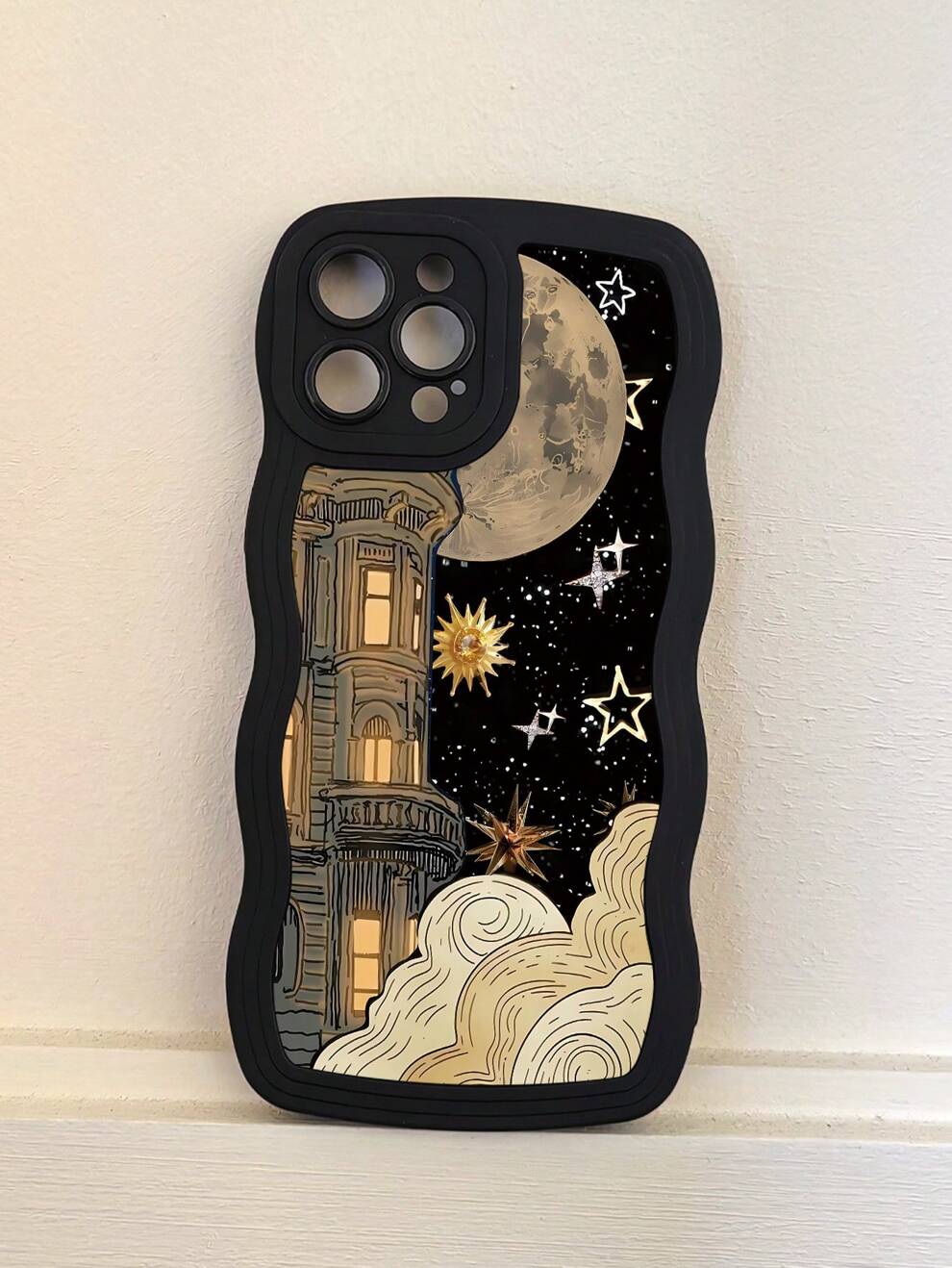 1pc Black Wavy Wave Castle Pattern Phone Case Compatible With Iphone