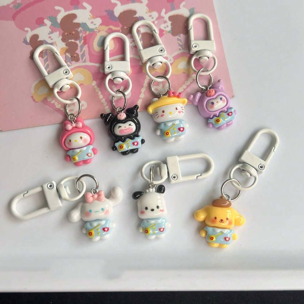 7pcs Kawaii Keychain Pom Pom Purin Pvc Doll Key Chain Melody Car Keyring Bag Pendant Kids Gifts