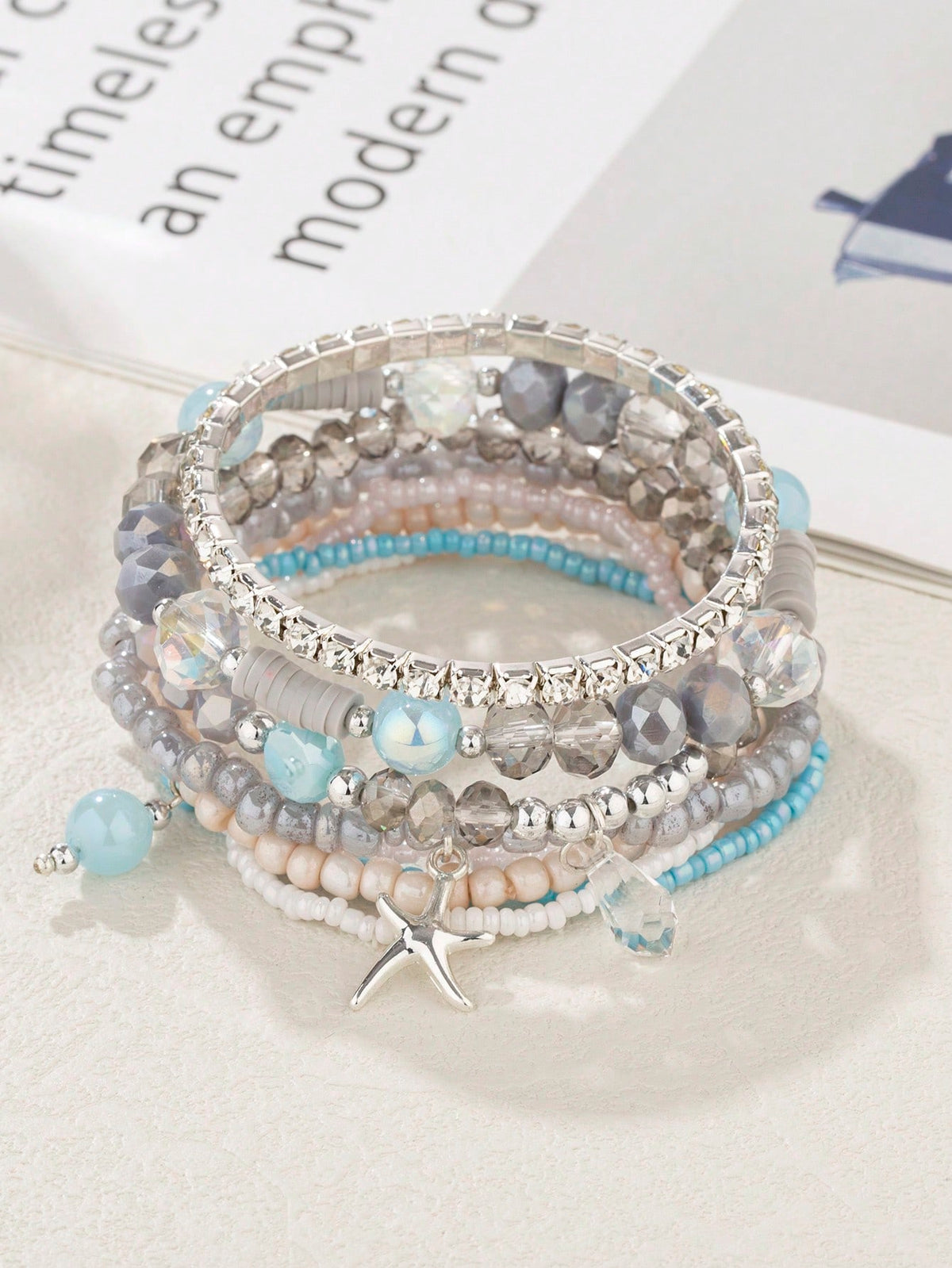 Set Of 8 Romantic Ocean Beach Impressions Pink/Blue Glass Beaded Rhinestone Crystal Chain Alloy Starfish Decorated Bracelet