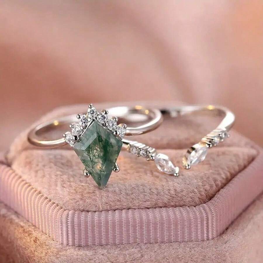 1pc Elegant Sterling Silver Princess Cut Green Agate With Cubic Zirconia & Small White Stones Bridal Set Ring, Suitable For Engagement, Anniversary, Birthday, Or Wedding Gift