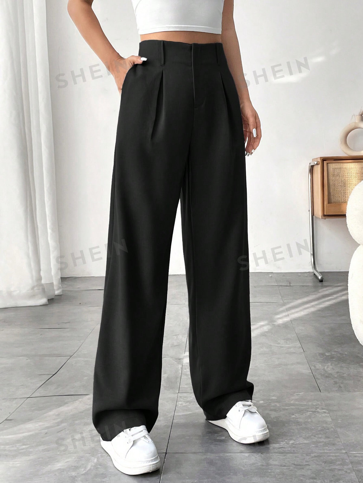 SHEIN EZwear Women Solid Color High Waist Wide Leg Casual Trousers