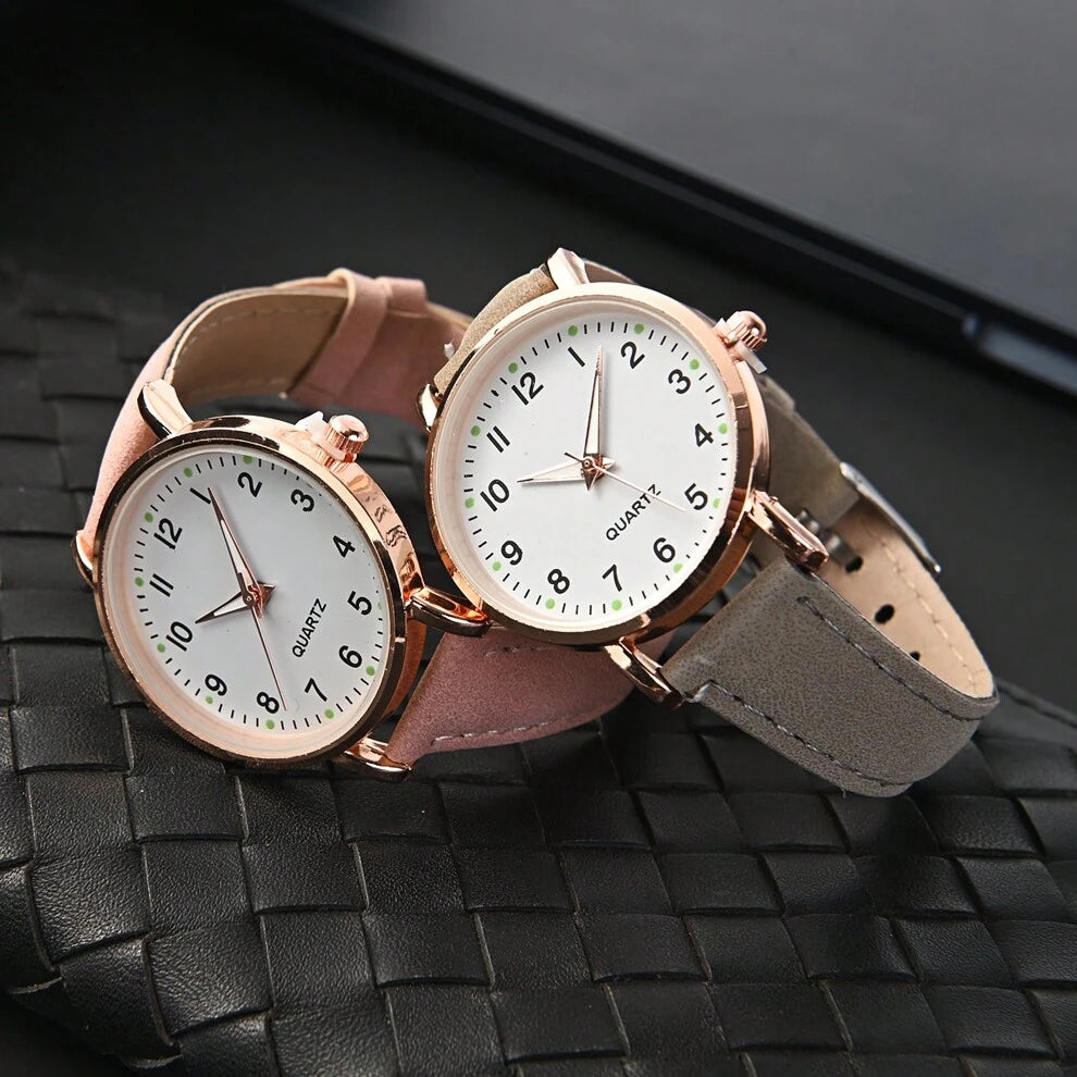 2pcs/Set Minimalist Digital Night Light Student Watch With Matte Leather Strap For Couple, Women's Quartz Watch