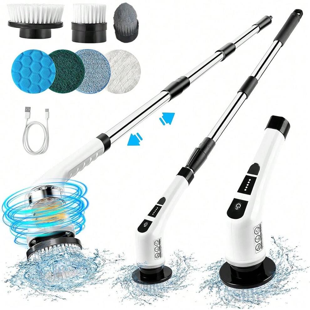 Electric Spin Scrubber, 400 RPM Electric Bathroom Scrubber With 7 Replaceable Brush Heads, Power Spin Brush Scrubber With Extension Handle For Cleaning Bathroom Tub Tile Floor