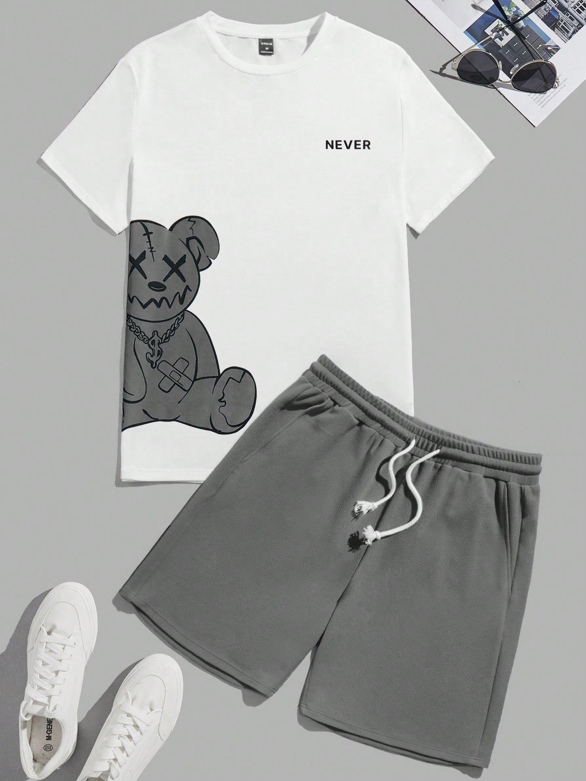 Manfinity Hypemode Men Cotton Bear & Letter Graphic Tee & Drawstring Waist Shorts