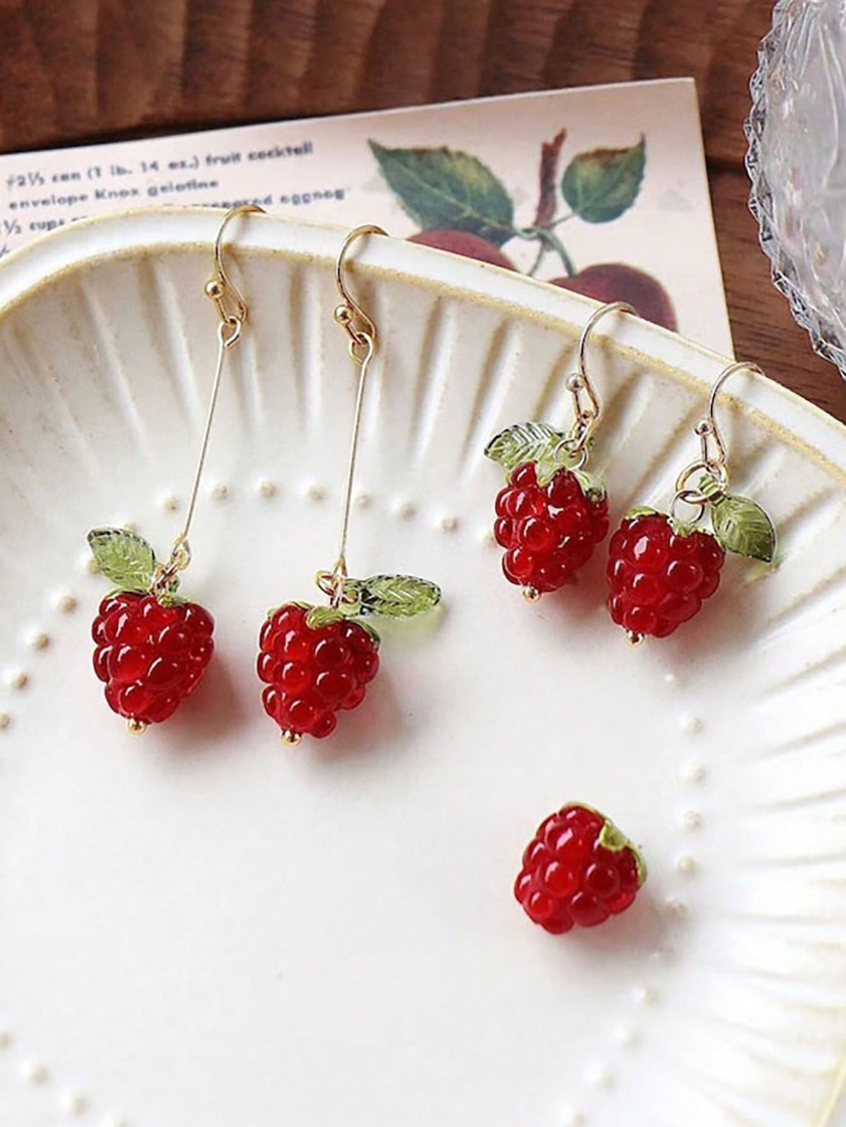 2pcs/Set Handmade Raspberry Shaped Resin Earrings, Sweet Red Berry Dangle Earrings