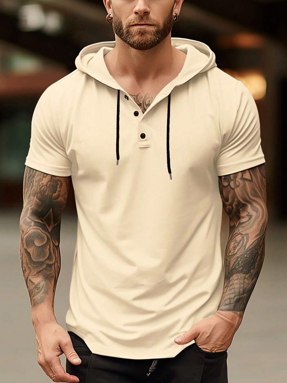 Manfinity Homme Men's Button Placket Hooded Short Sleeve T-Shirt With Drawstring