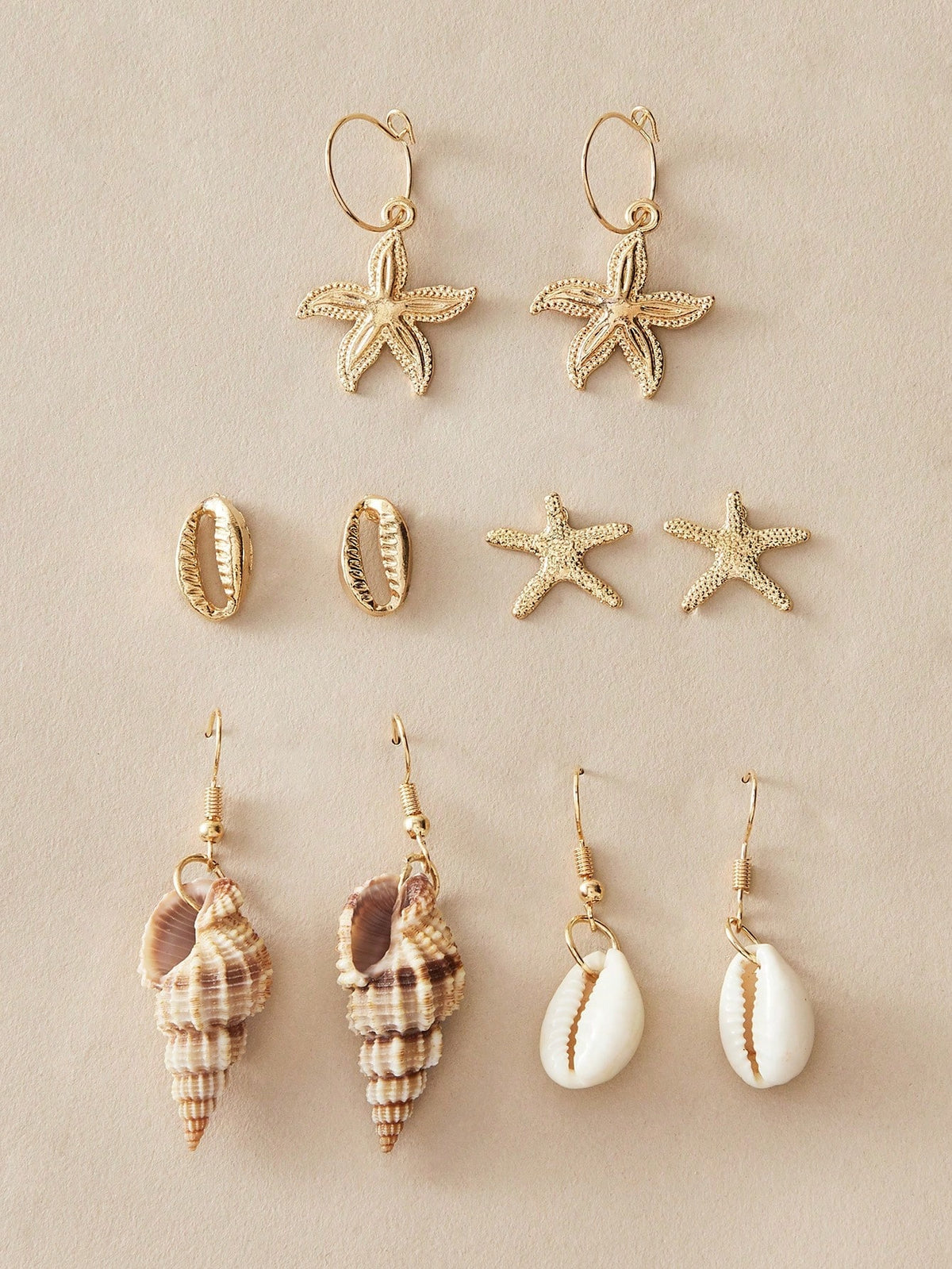 5pairs/Set Seastar & Seashell Design Earrings Set, Ocean Style, Suitable For Women, Festival & Party Wearing