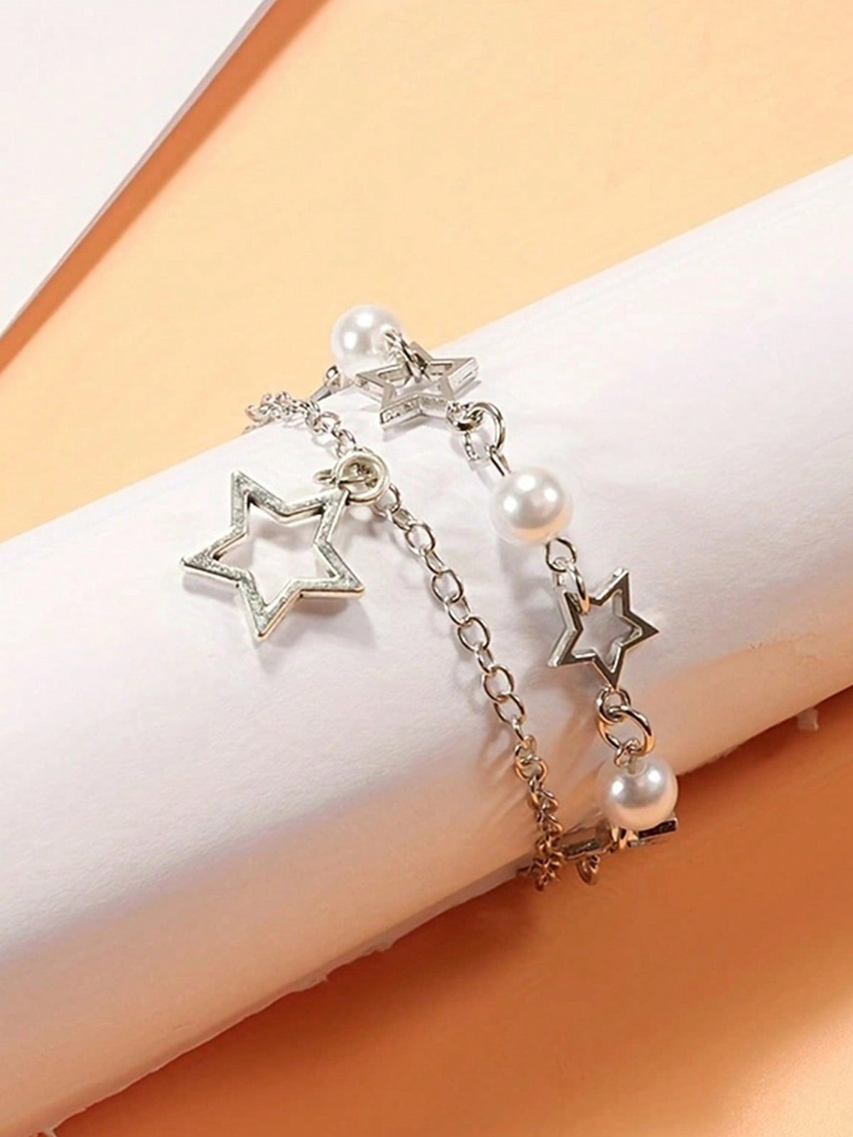 Elegant Y2K Double-Layer Star & Pearl Bracelets - White K Plated Alloy - Chic Gift For Trendsetting Women