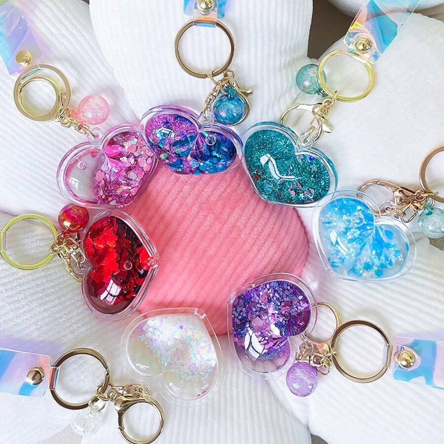 1pc Colorful Love Flowing Sand Keychain Fashionable And Trendy Bag Small Pendant Exquisite Couple Suitable For Girls As Small Gifts