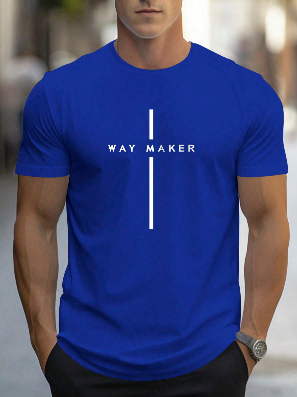 Manfinity Homme Men's Fashionable Summer Short Sleeve T-Shirt In Blue With 'waymaker' Print