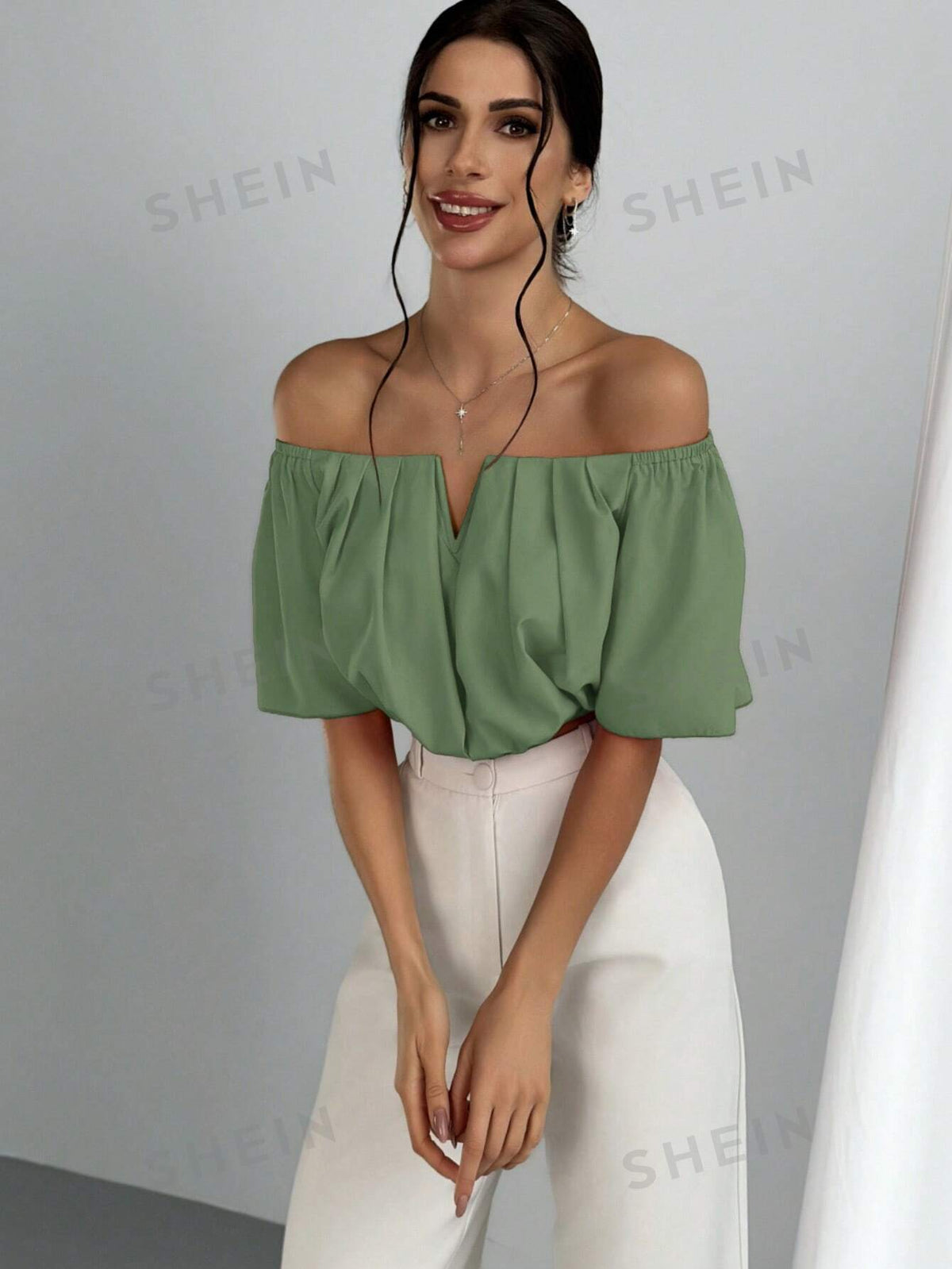 SHEIN Aloruh Off Shoulder V-Neck Slim Fit Blouse