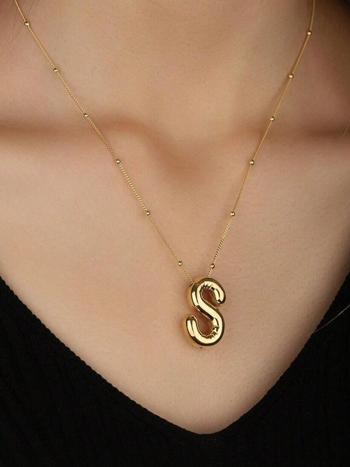 1 Silver Letter Balloon Smooth A-Z Round Pendant Letter Necklace Fashion Simple Pearl Chain Collarbone Chain, Holiday Gift, Suitable For Women Daily Wear