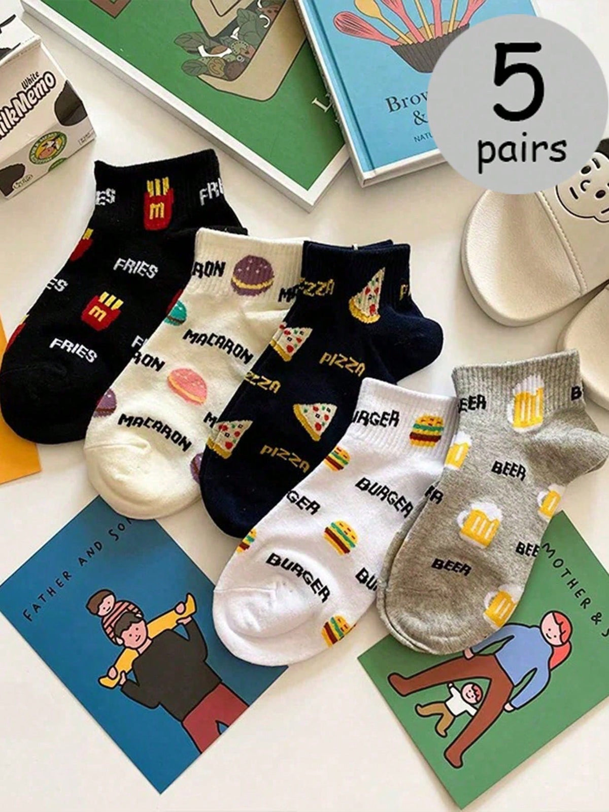 5pairs Men's Personality Short Socks With Pizza, Hamburger, Beer Design And Breathable Feature