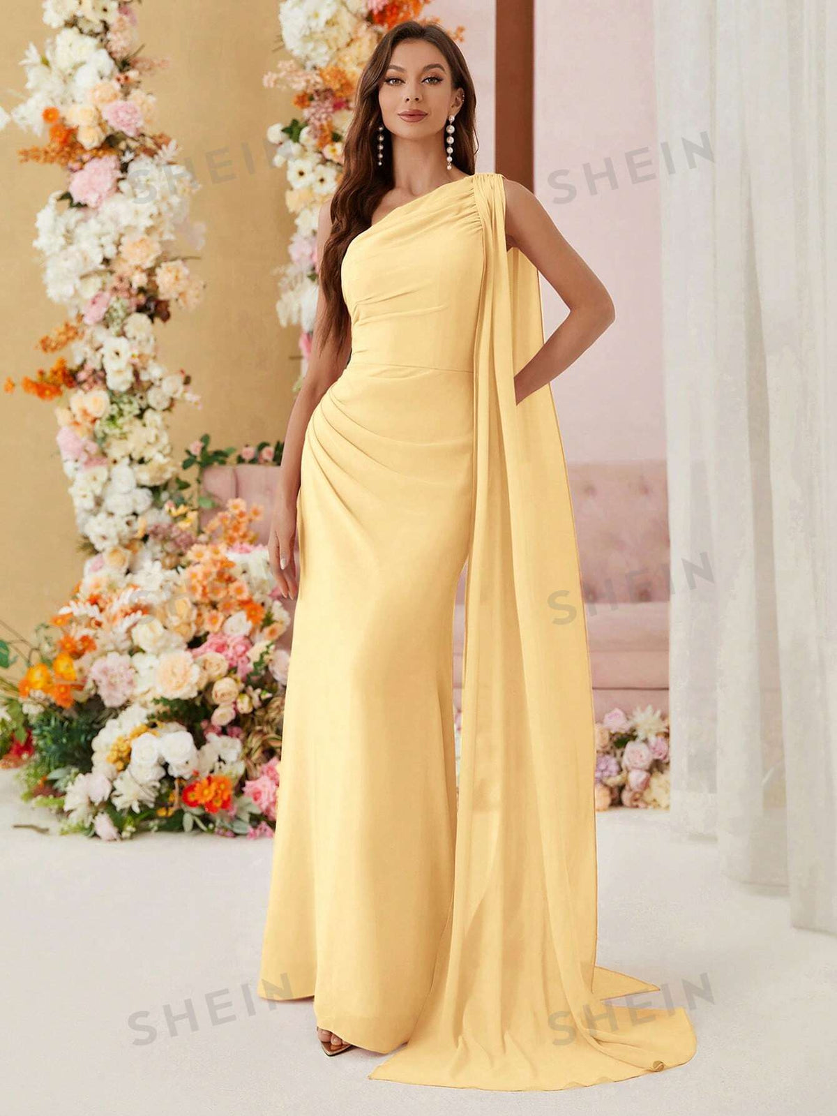 SHEIN Belle One Shoulder Draped Chiffon Bridesmaid Dress With Sash Floor Length