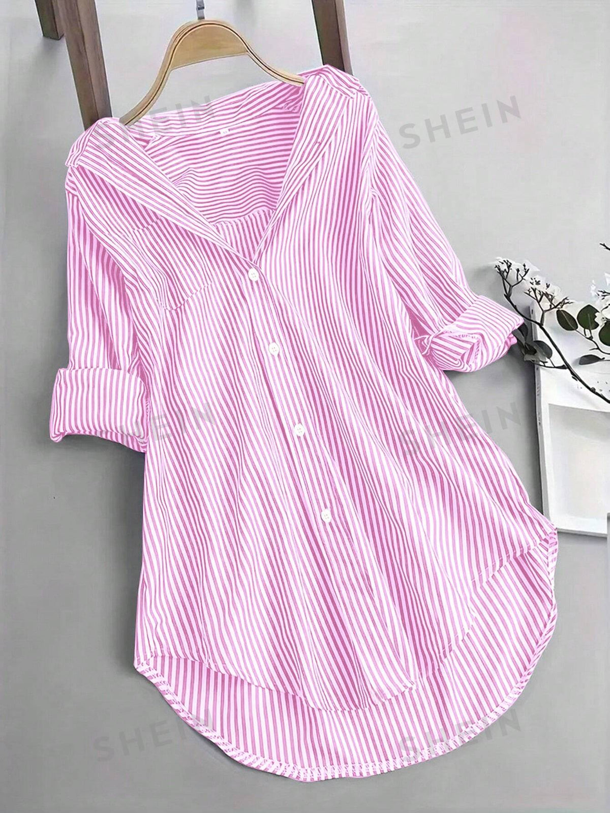 SHEIN Essnce Women's Oversized Striped Casual Shirt, Short Front Long Back Design