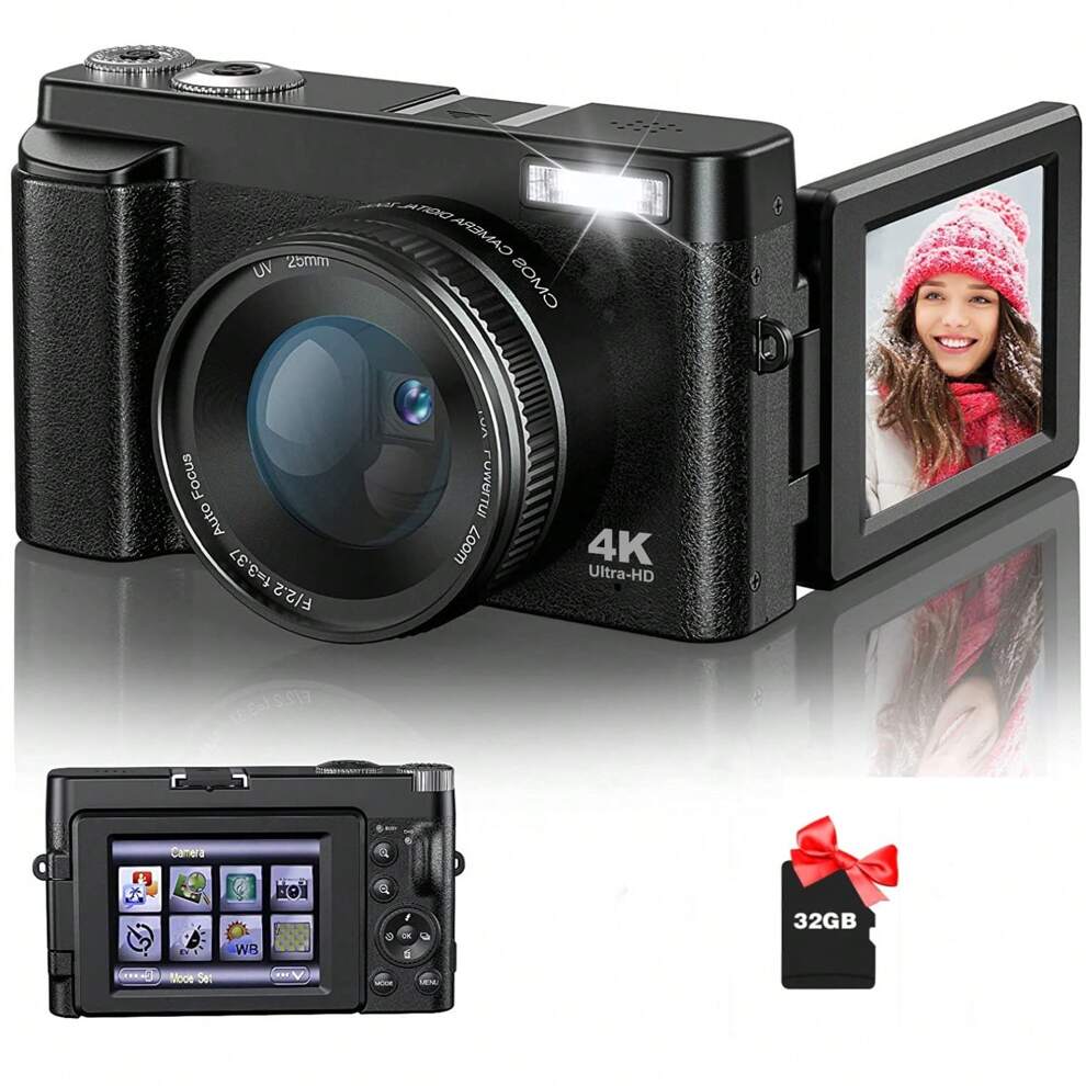 1pc Black High Definition Digital Camera For Outdoor/home Shooting With 32gb Tf Card And Uv Lens Ring