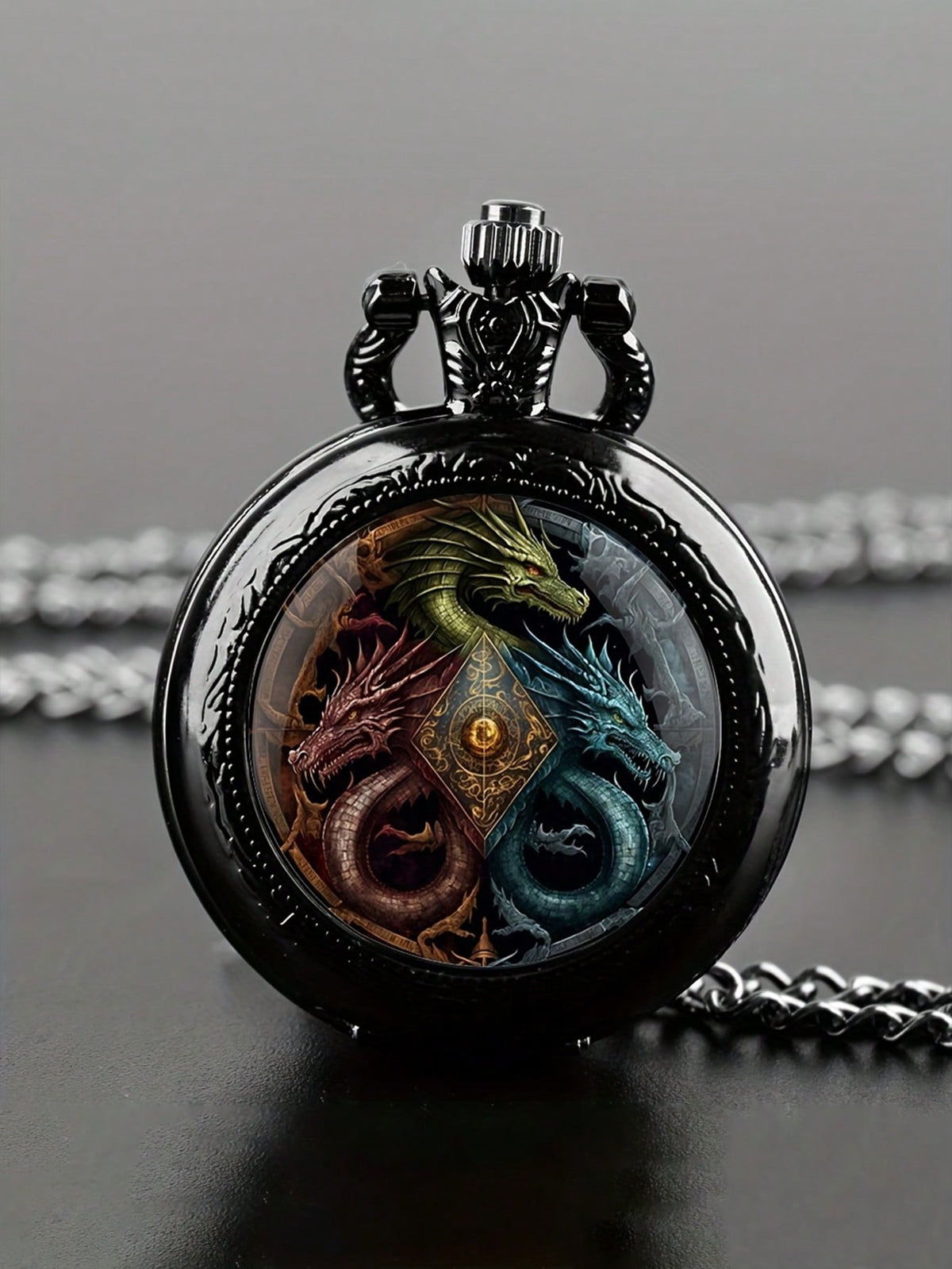 1pc Retro Dragon Quartz Pocket Watch, Cool Black Necklace PocketWatch,Unique Pendant Clock Gift