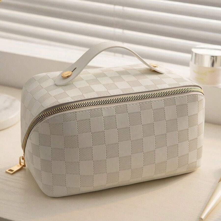 A Large Capacity Portable Grid Pattern Pillow Cosmetic Bag (White)