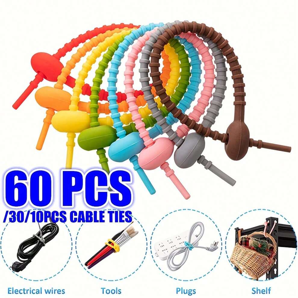 10/30/60pcs Silicone Reusable Cable Wire Organizer Winder Storage Holder Bag Ties Cord Management Zip Tie Twist Multifunctional Bag Clip Food Saver Earphone Line Tidy Clips