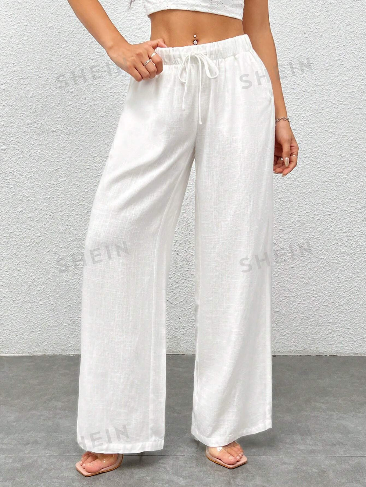 SHEIN PETITE Women's Solid Color Simple Daily Woven Wide Leg Pants