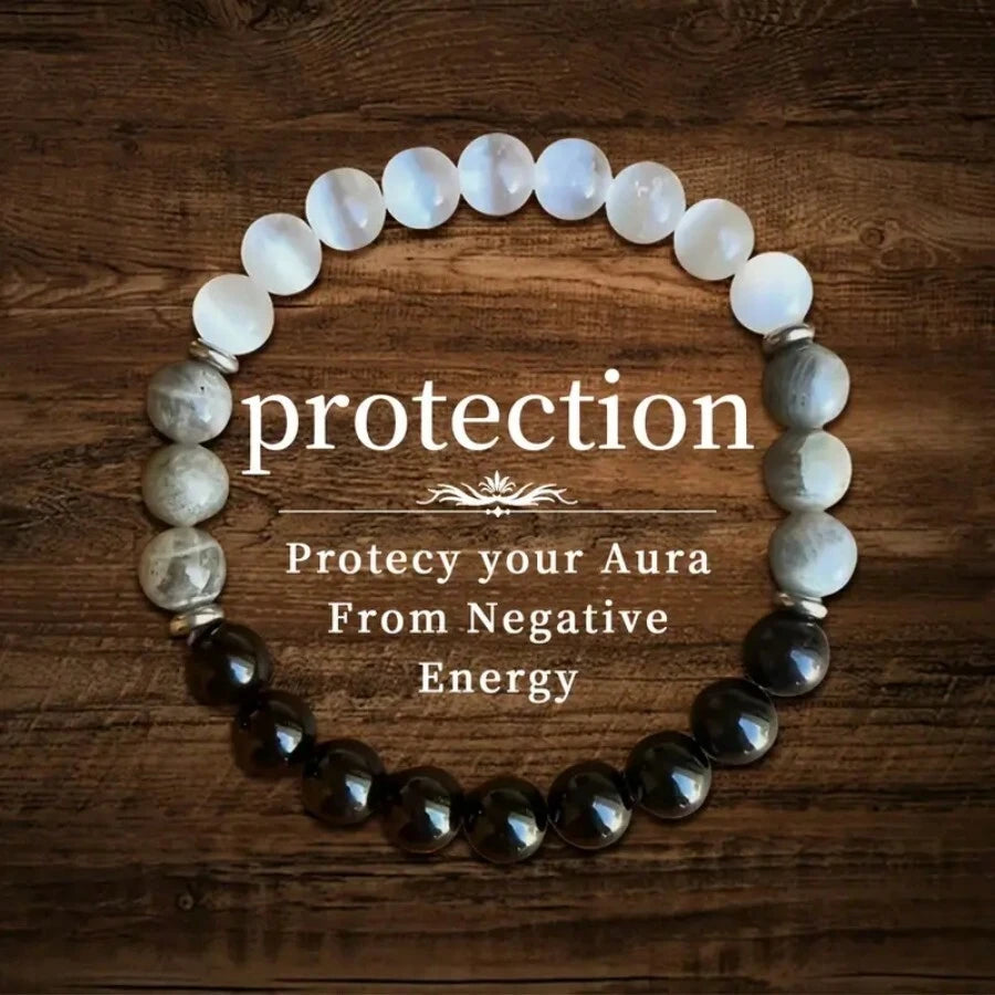 1pc Black & White Protective Stone Bracelet - 8mm Gemstone Beads Positive Energy Balance Bracelet