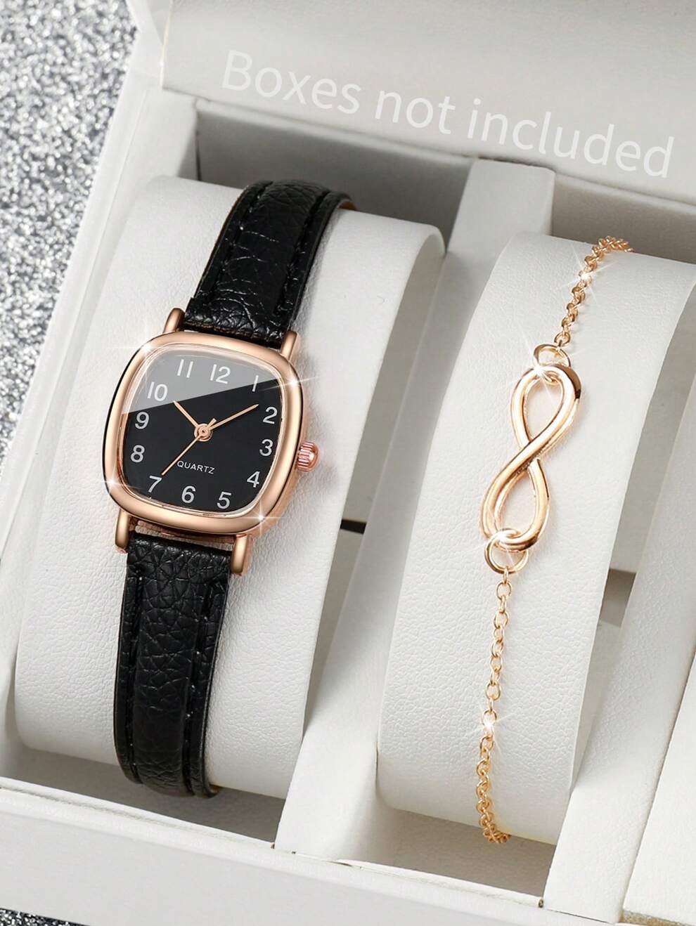 Women's Fashionable Square Case Numerals Dial Quartz Watch With Leather Strap + 8-Shape Bracelet (2pcs/Set) As A Gift For Students Returning To School