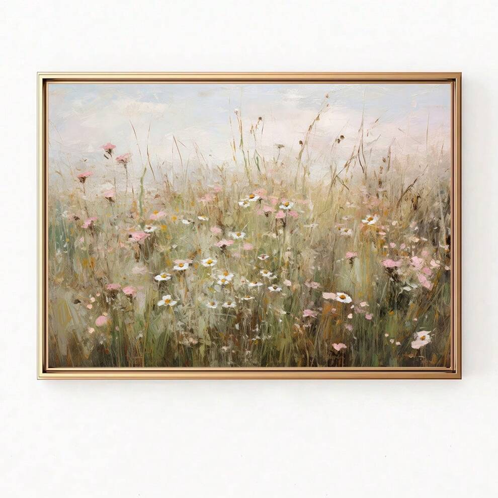 1pc Frameless Wildflower Field Grass Nature Landscape Retro Poster Vintage Farmhouse Rutics Painting Canvas Print Nordic Wall Picture For Living Room,Bedroom,Home Decoration