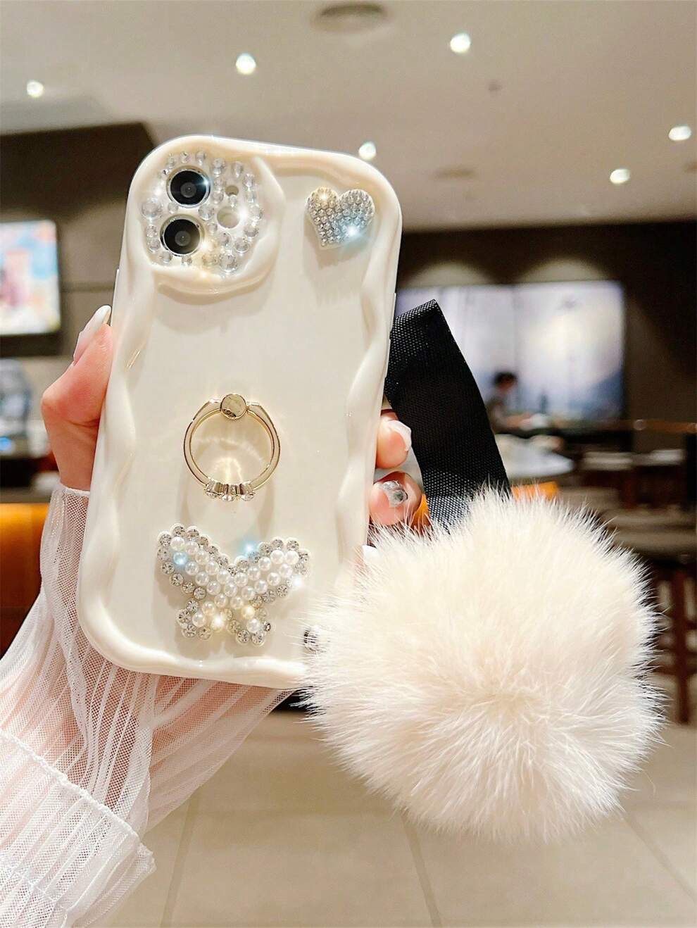 Butterfly Decor Phone Case With Plush Ball & Ring Holder