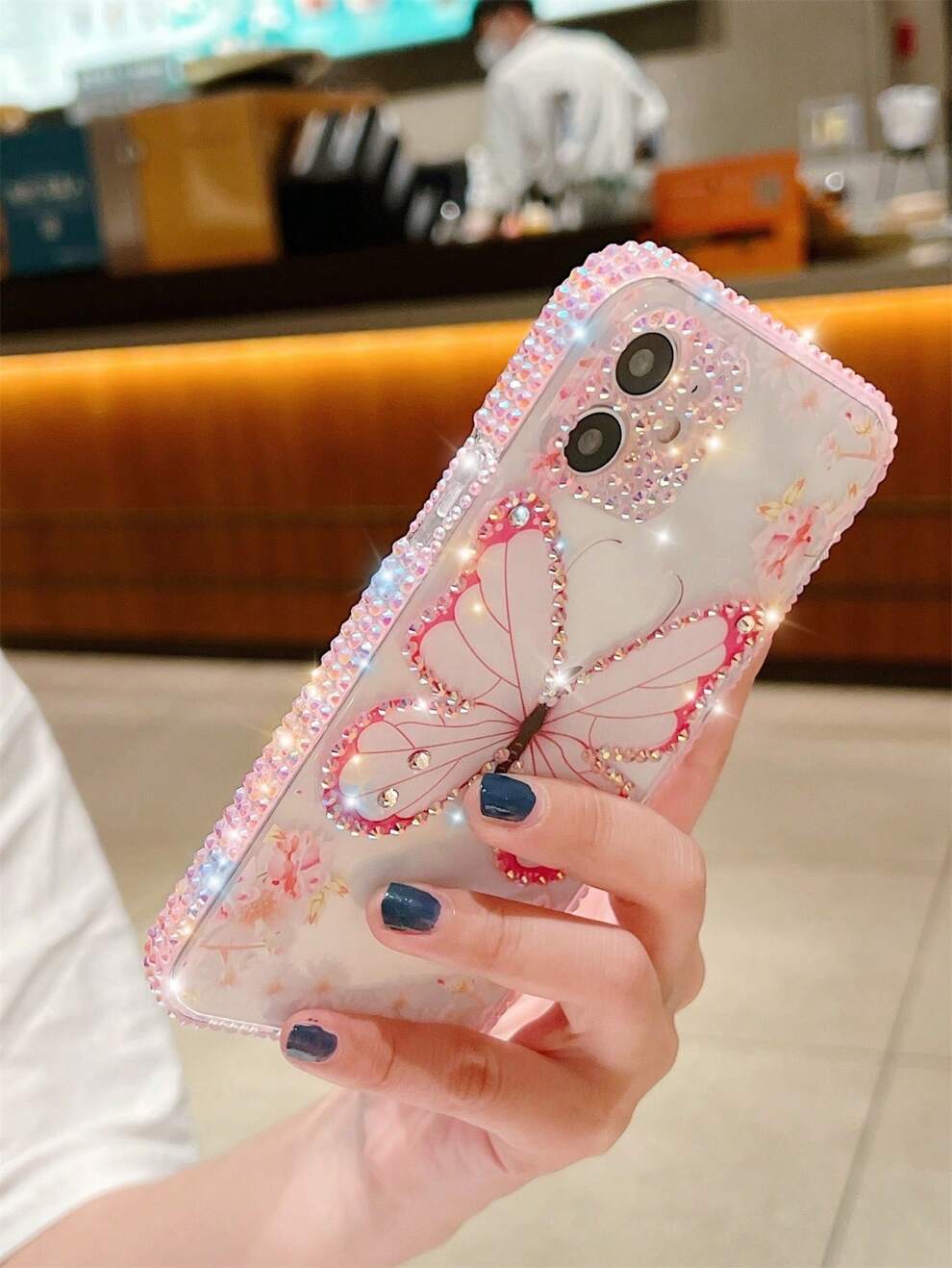 Pink Rhinestone Decor Butterfly Print Clear Phone Case Compatible With IPhone15/15Plus/15Pro/15Promax