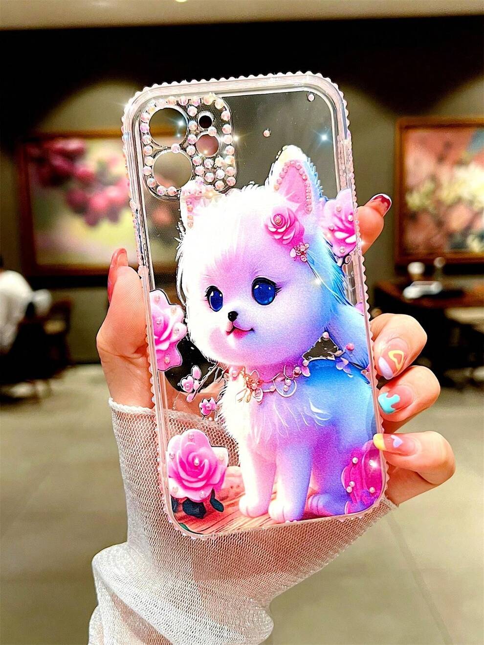 Cat Pattern Rhinestone Decor Phone Case Kawaii