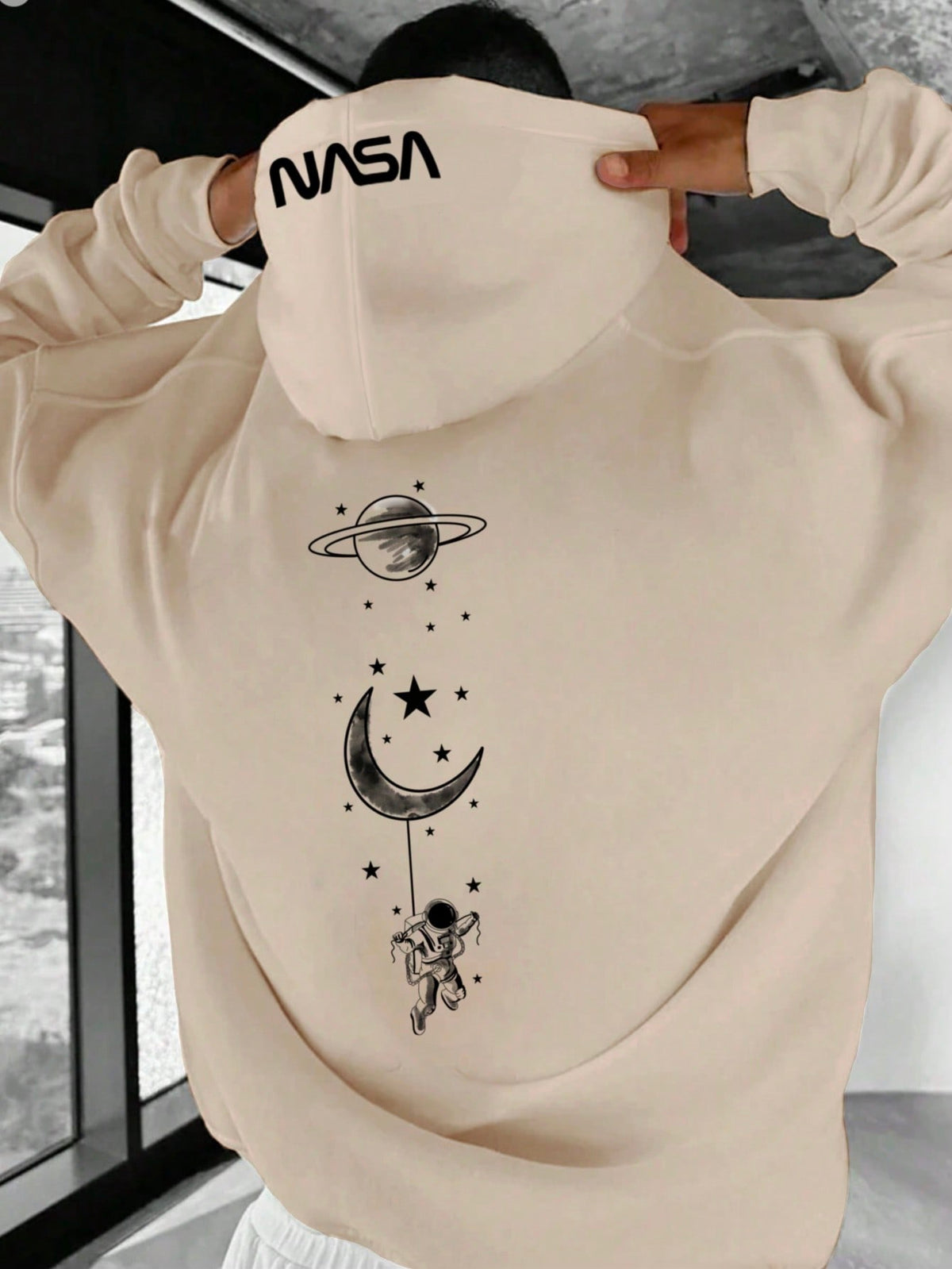 Manfinity Homme Men's Ultra Loose Fit Moon & Planet Printed Hoodie