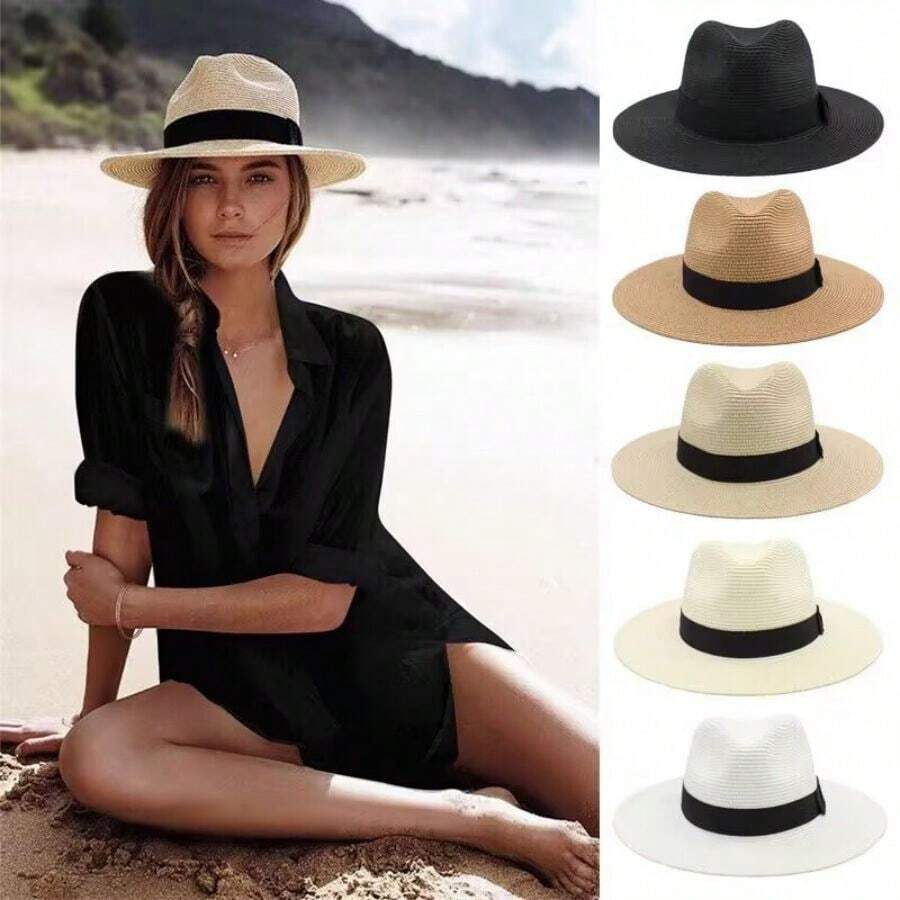 1pc Unisex Summer Sun Hat, Sunscreen Beach Straw Hat, Wide Brim Panama Hat For Travel And Vacation