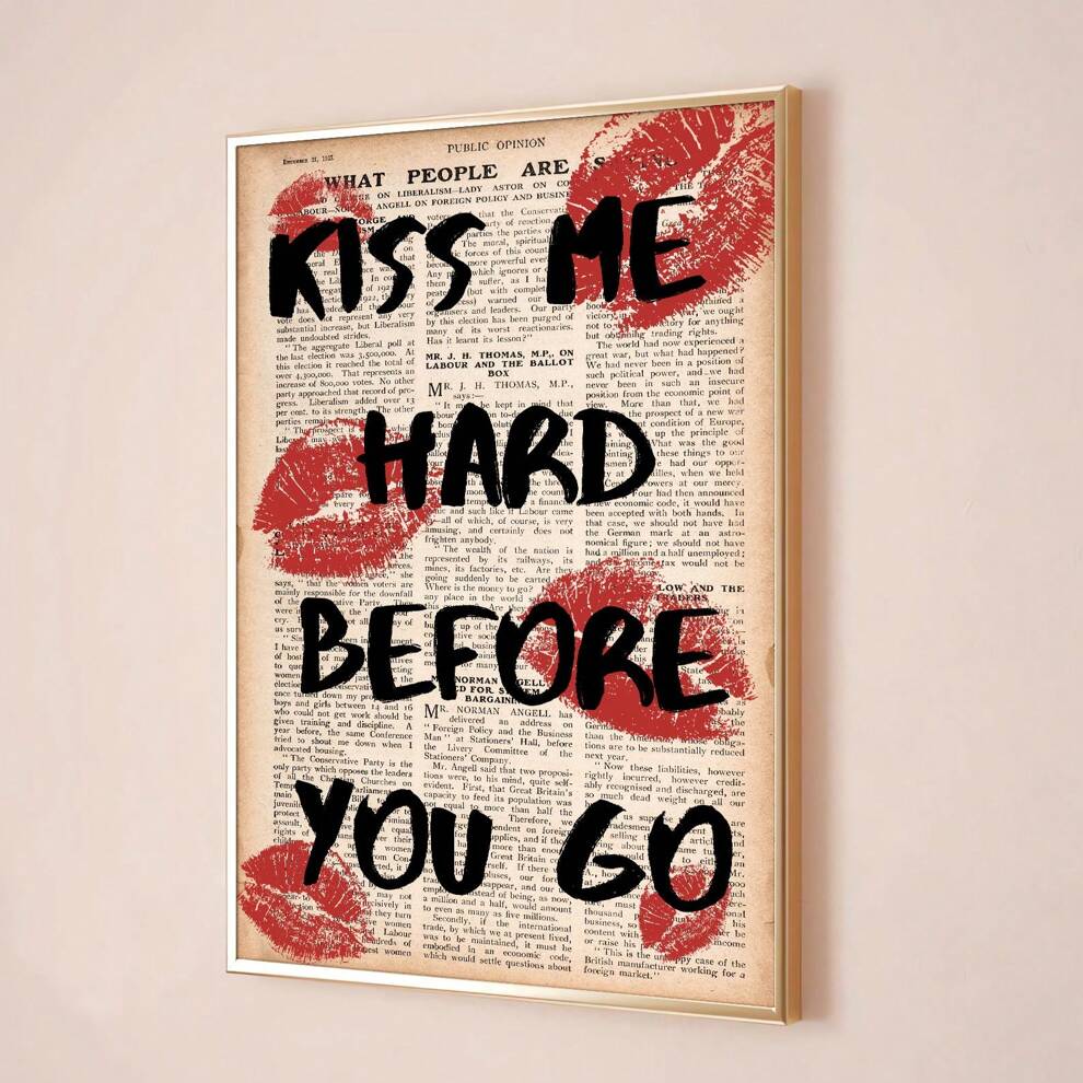 1pc Unframed Hard Before You Go Romantic Quote Trendy Poster Canvas Print Vintage Newspaper Lips Background Art Painting Retro Wall Picture Gift For Girlfriend,Boyfriend,Couples,Modern Decoration For