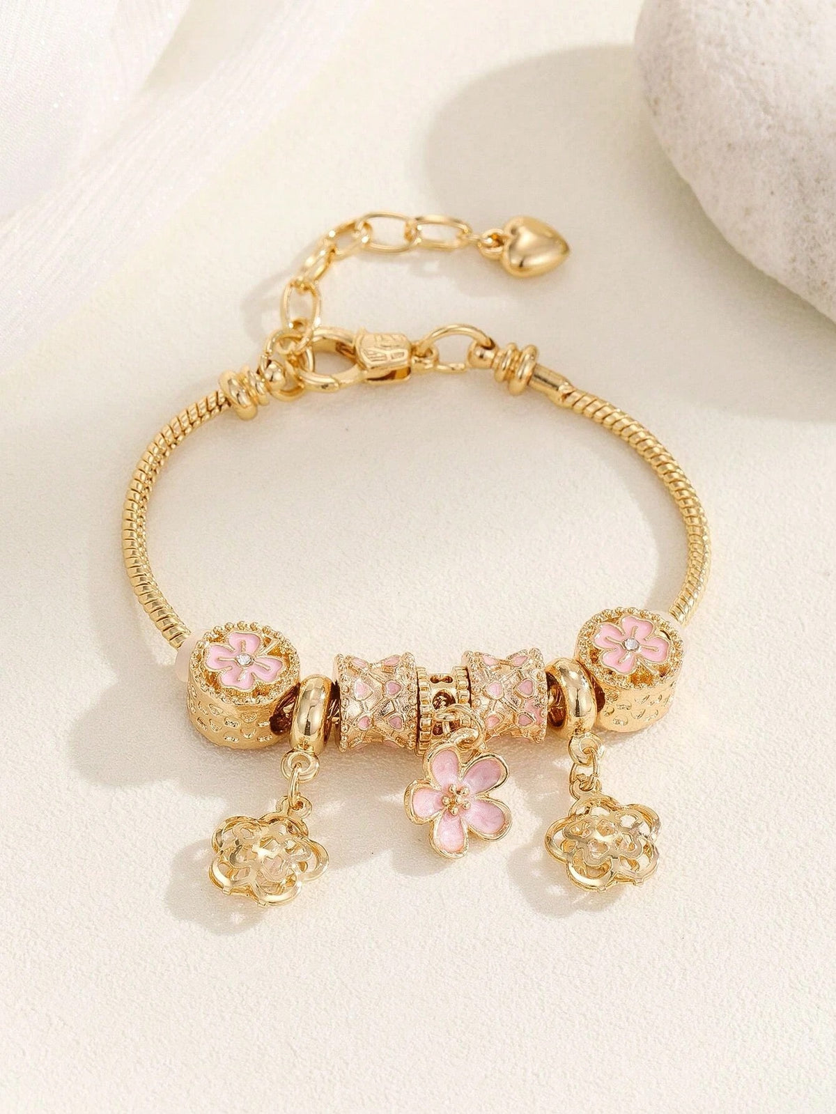 1pc Strass Flowers & Swan & Loving Heart Charm Brass Bracelet For Girls For Daily Decoration & Holiday Gift.