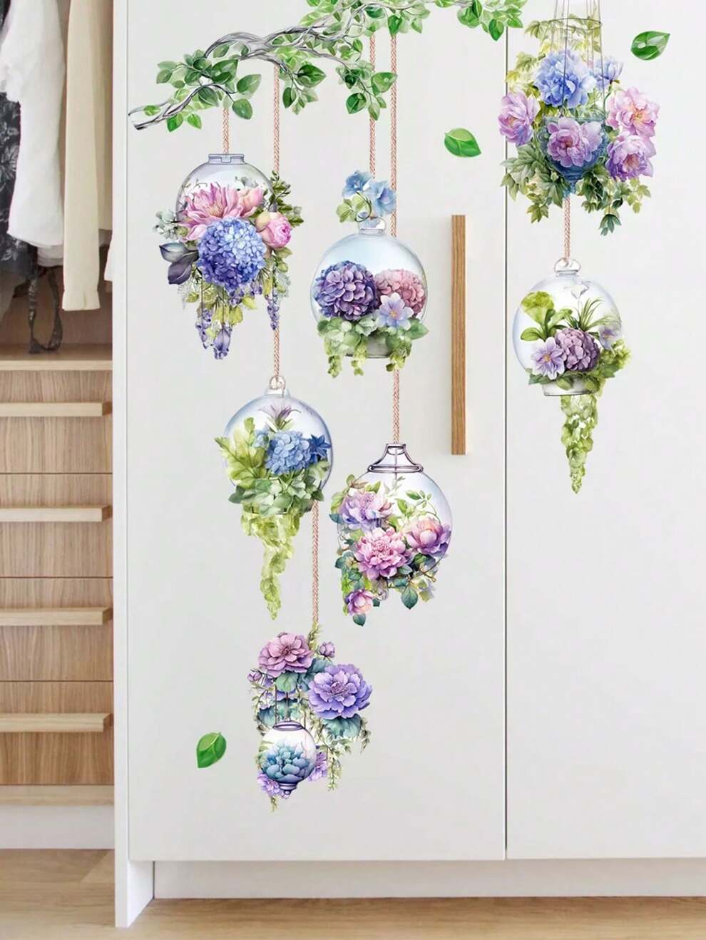 1pc Large Size Wall Sticker With Hanging Basket, Flower Vase And Green Plants For Bedroom, Living Room Home Wall Decoration Self-Adhesive Painting