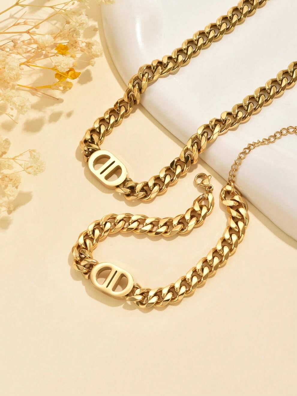 1set Fashionable Double D Chain Stainless Steel Necklace & Bracelet Set, Gender-Neutral, High-End, Simple, Versatile, Elegant Party Celebration Accessory