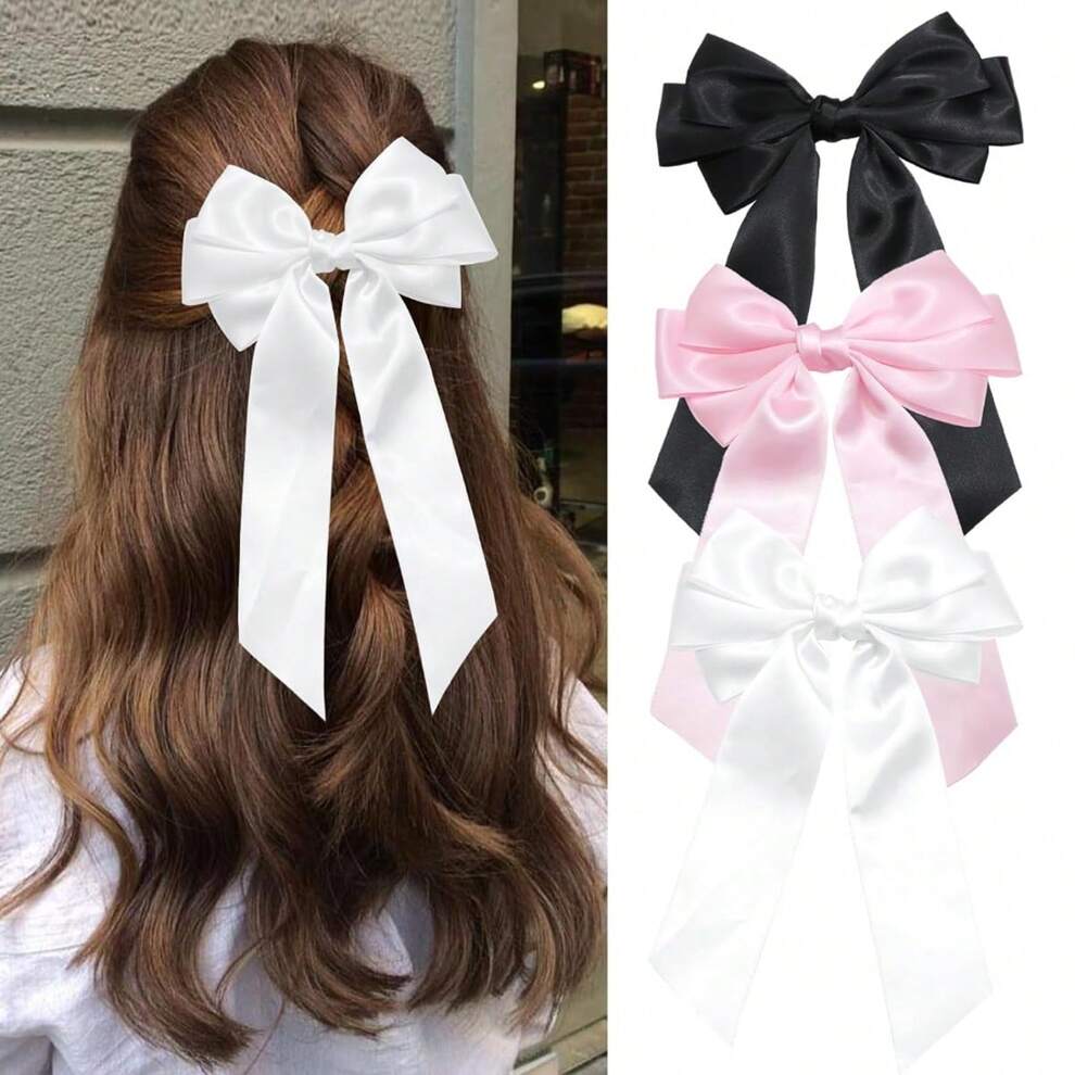 3PCS Silky Satin Hair Bows Black White Bow Hair Clips With Big Tail French Large Red Hair Ribbon Barrettes Metal Clips Bowknot Ponytail Holder Wedding Party Hair Accessories