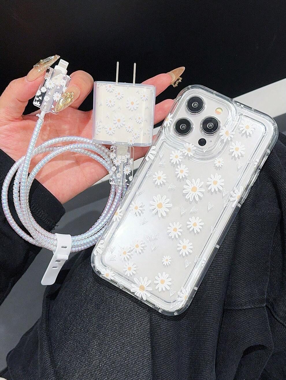 Daisy Patterned Full Screen Iphone Protective Case With Air Column Design + Charging Cable Protector With Winding Rope To Prevent Bending And Biting