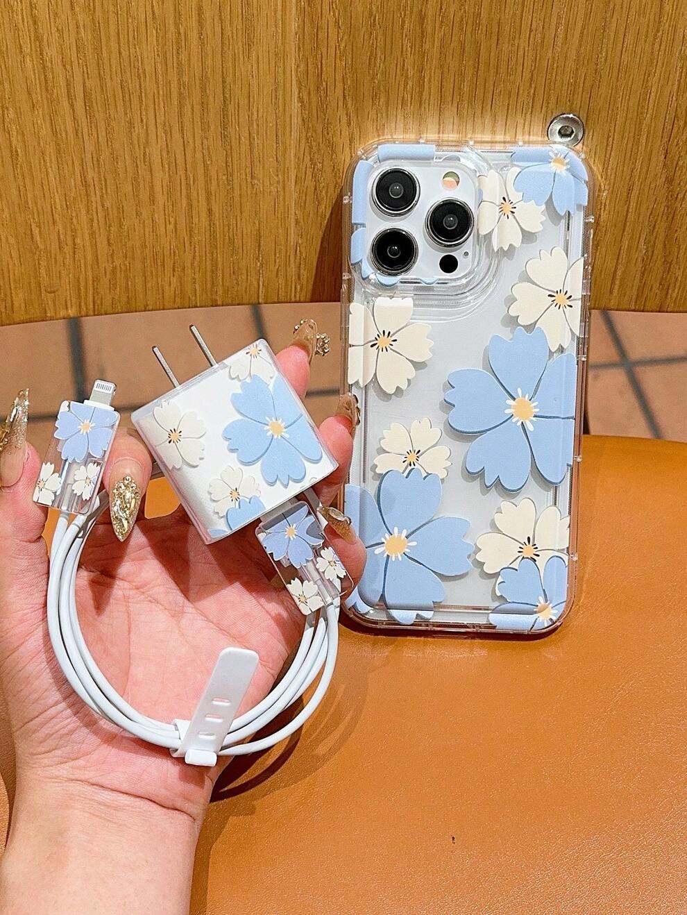 Full Coverage Dual-Color Small Flower Airbag Iphone Phone Case + Charger Protector Sleeve & Cord Bite Preventer