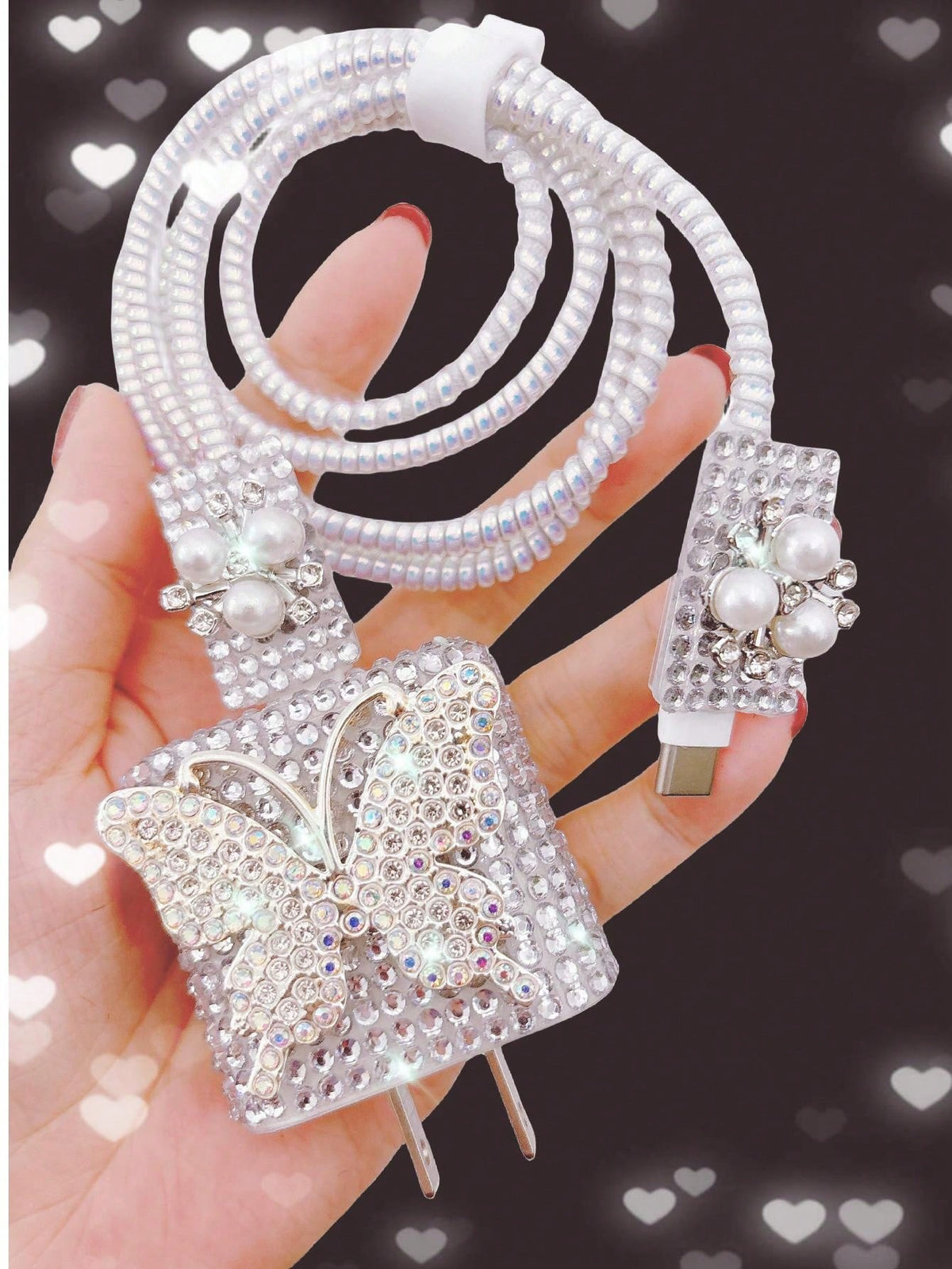 Rhinestone Butterfly Data Cable Protection Head Charger Protection Cover Super Flash Rhinestone Compatible With Apple Samsung Huawei Xiaomi OPPO Fast Charging Head Protection Cover Car Data Cable Prot