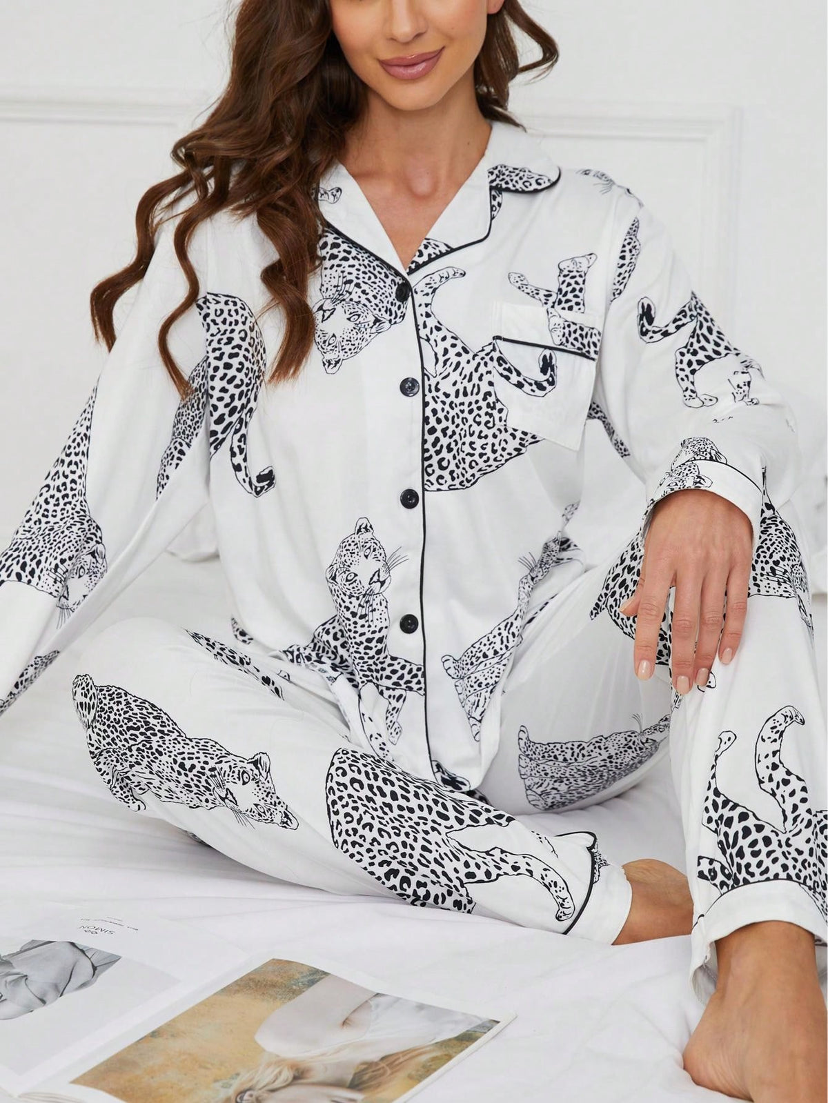 Casual Animal Leopard Print Collared Long Sleeve Top And Loose Pants Comfortable Women's Pajamas Set