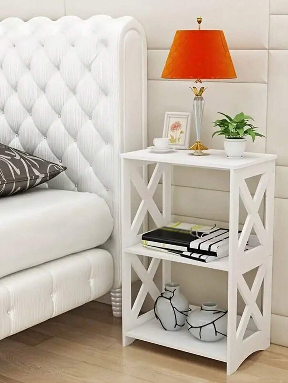 1pc 3-Layer Bedside Table, White, Bathroom Bedside Shelf, Suitable For Small Spaces, Living Room, Office, Dorm, Telephone Stand, Bookcase, Storage Cabinet, Desk Lamp, Night Light, Bed End Cabinet, Sna