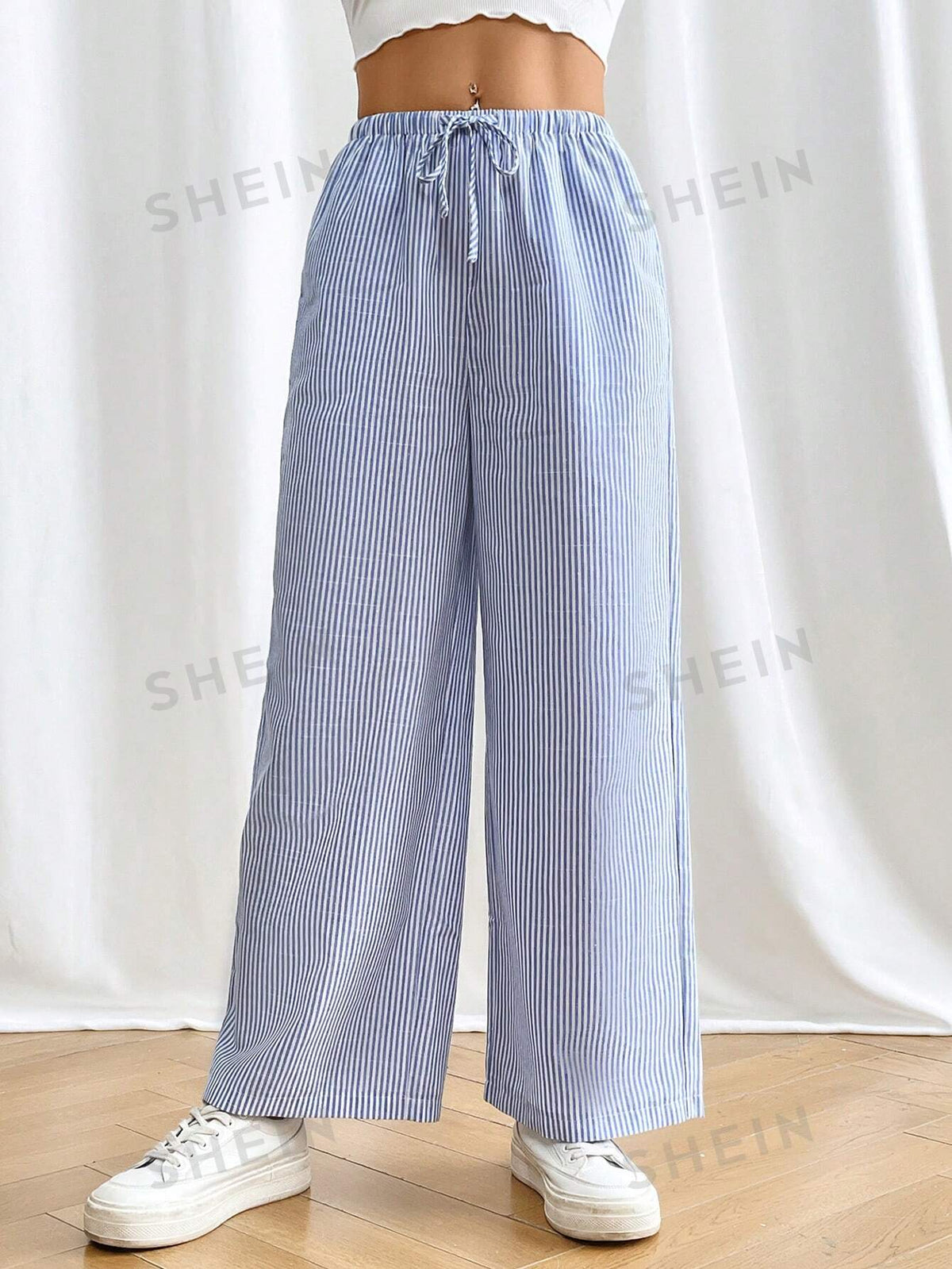 SHEIN PETITE Striped & Printed Drawstring Waist Long Pants With Pockets